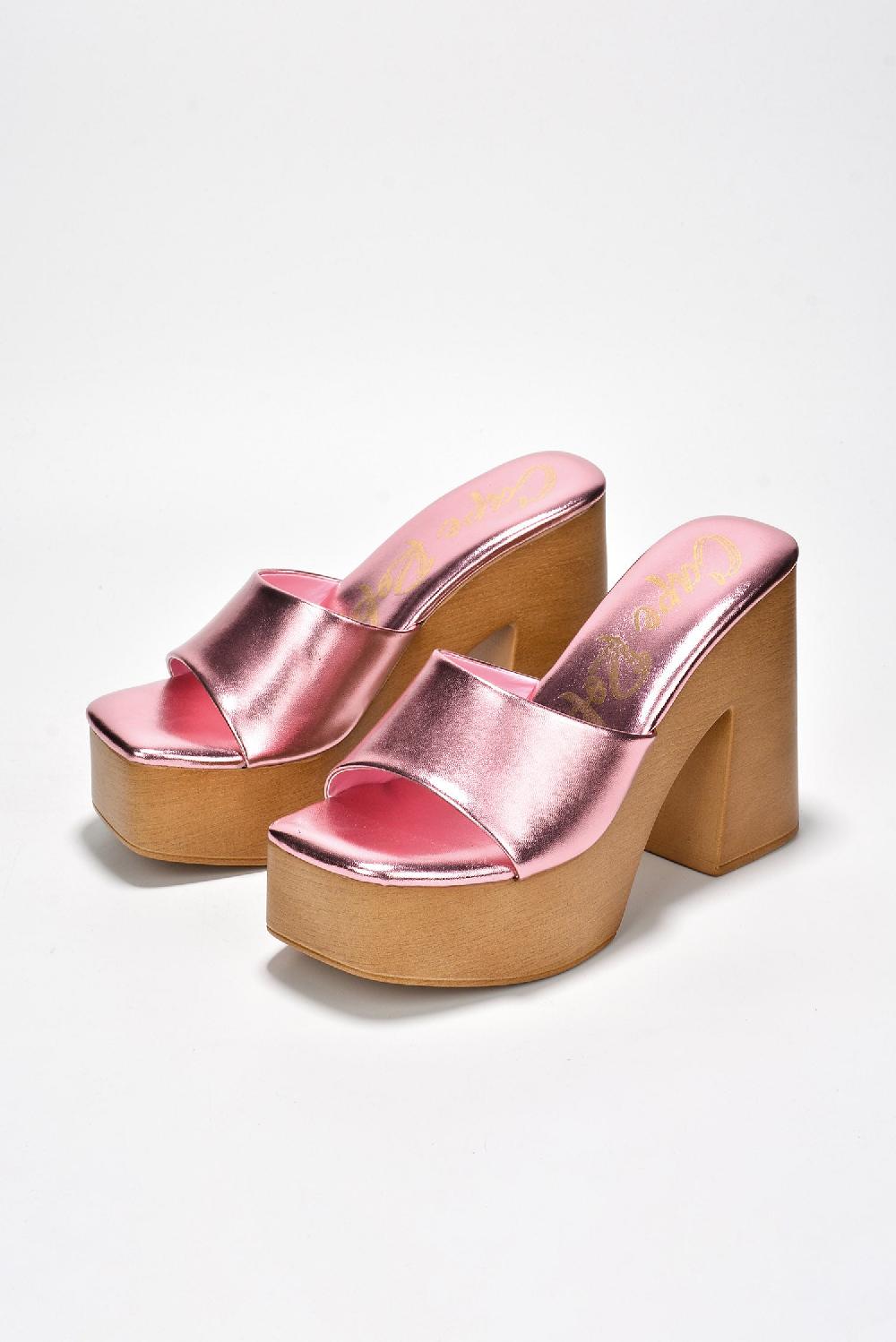 Cape Robbin Enisle Cork Metallic Shine High Block Heels - Pink
