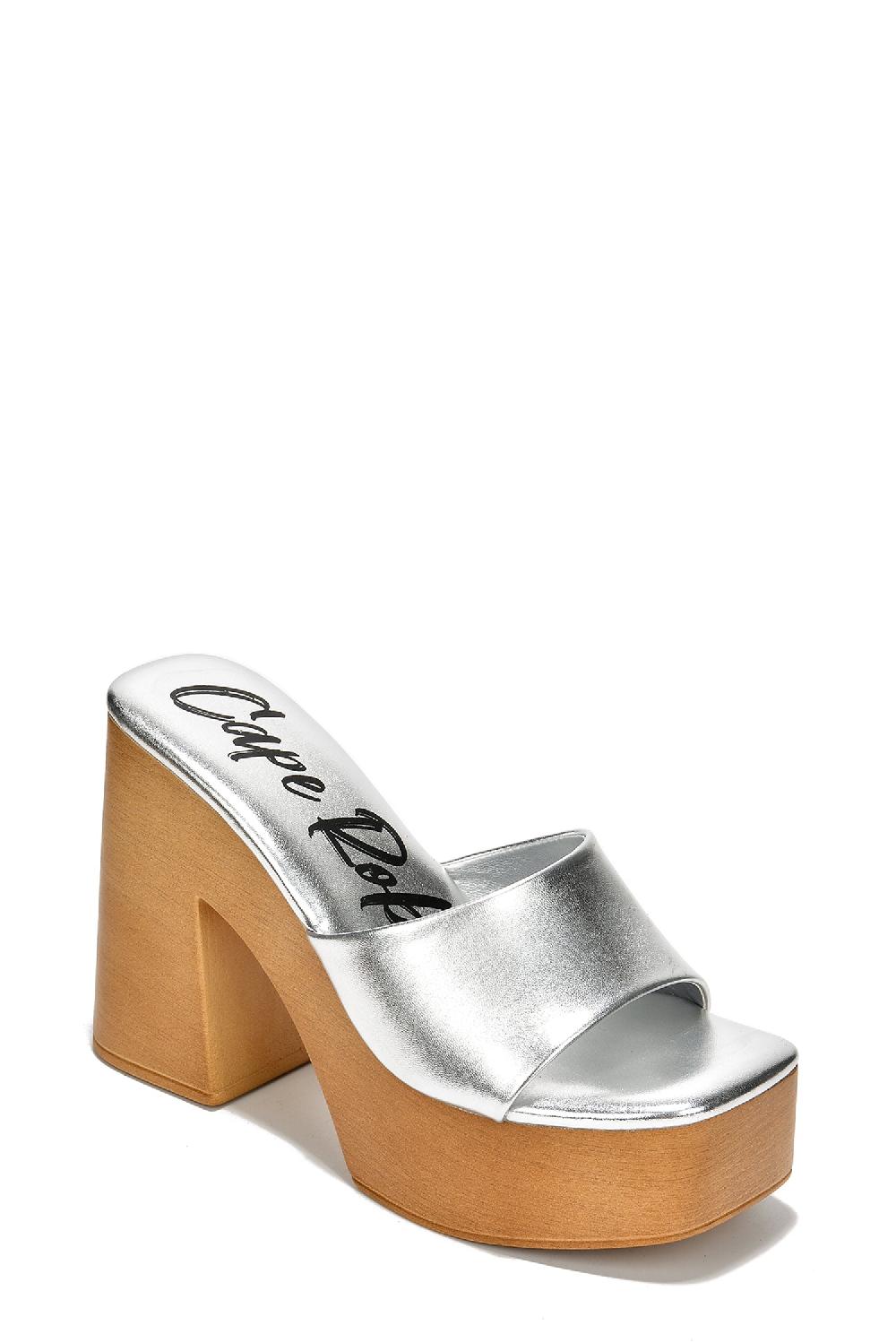 Cape Robbin Enisle Cork Metallic Shine High Block Heels - Silver