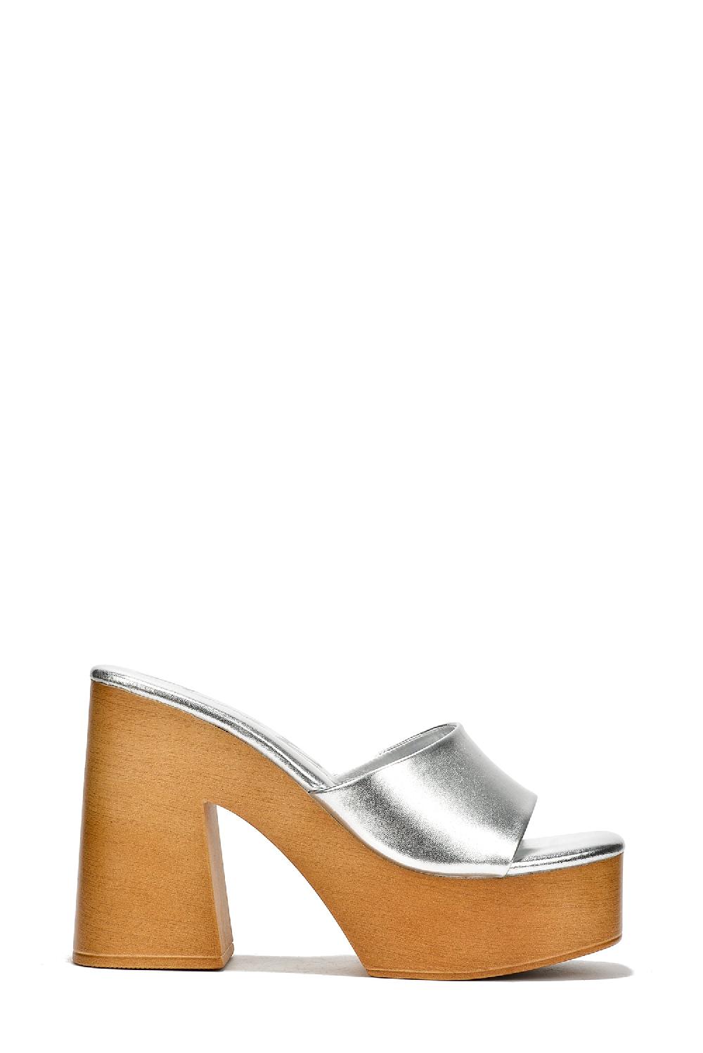 Cape Robbin Enisle Cork Metallic Shine High Block Heels - Silver