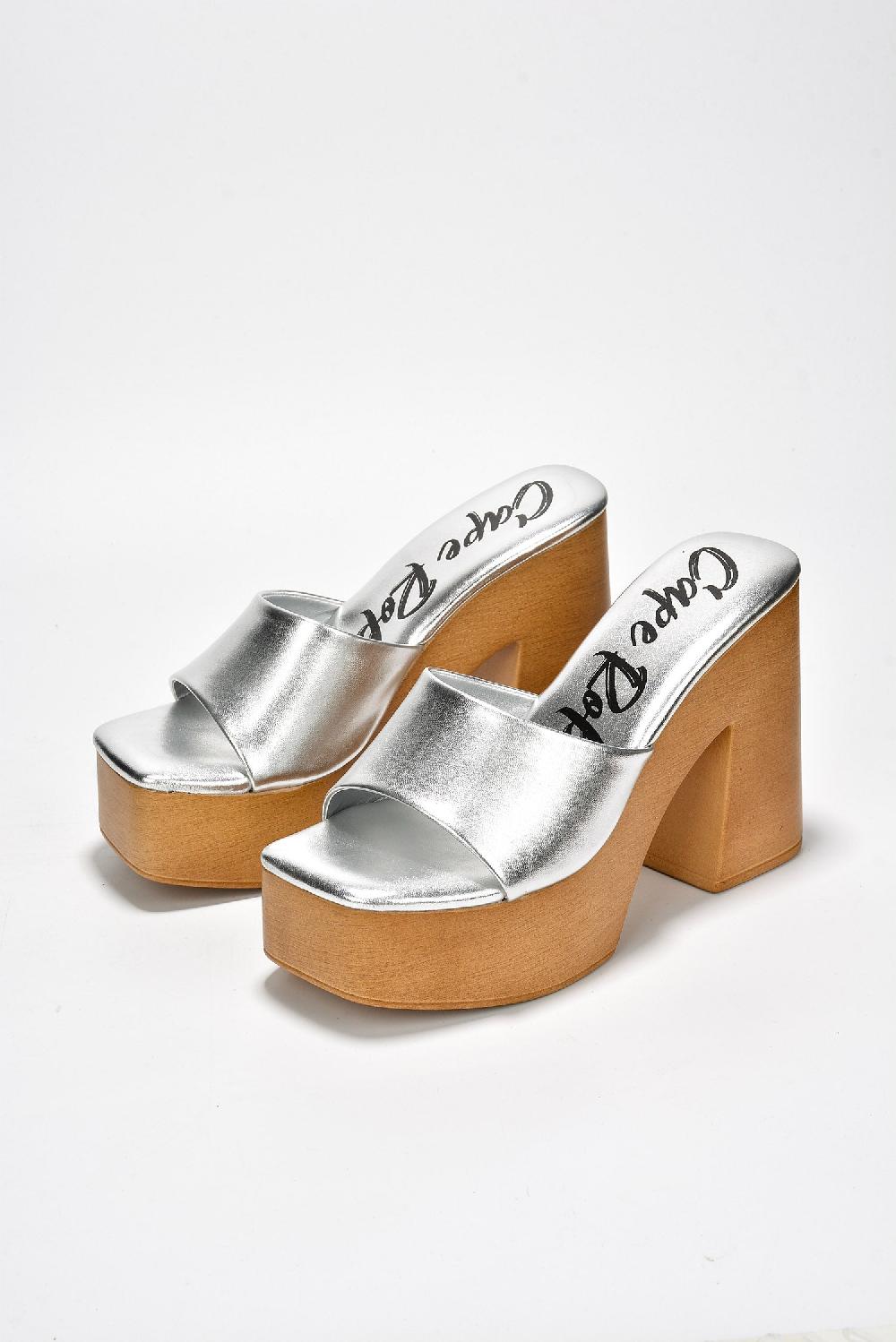 Cape Robbin Enisle Cork Metallic Shine High Block Heels - Silver