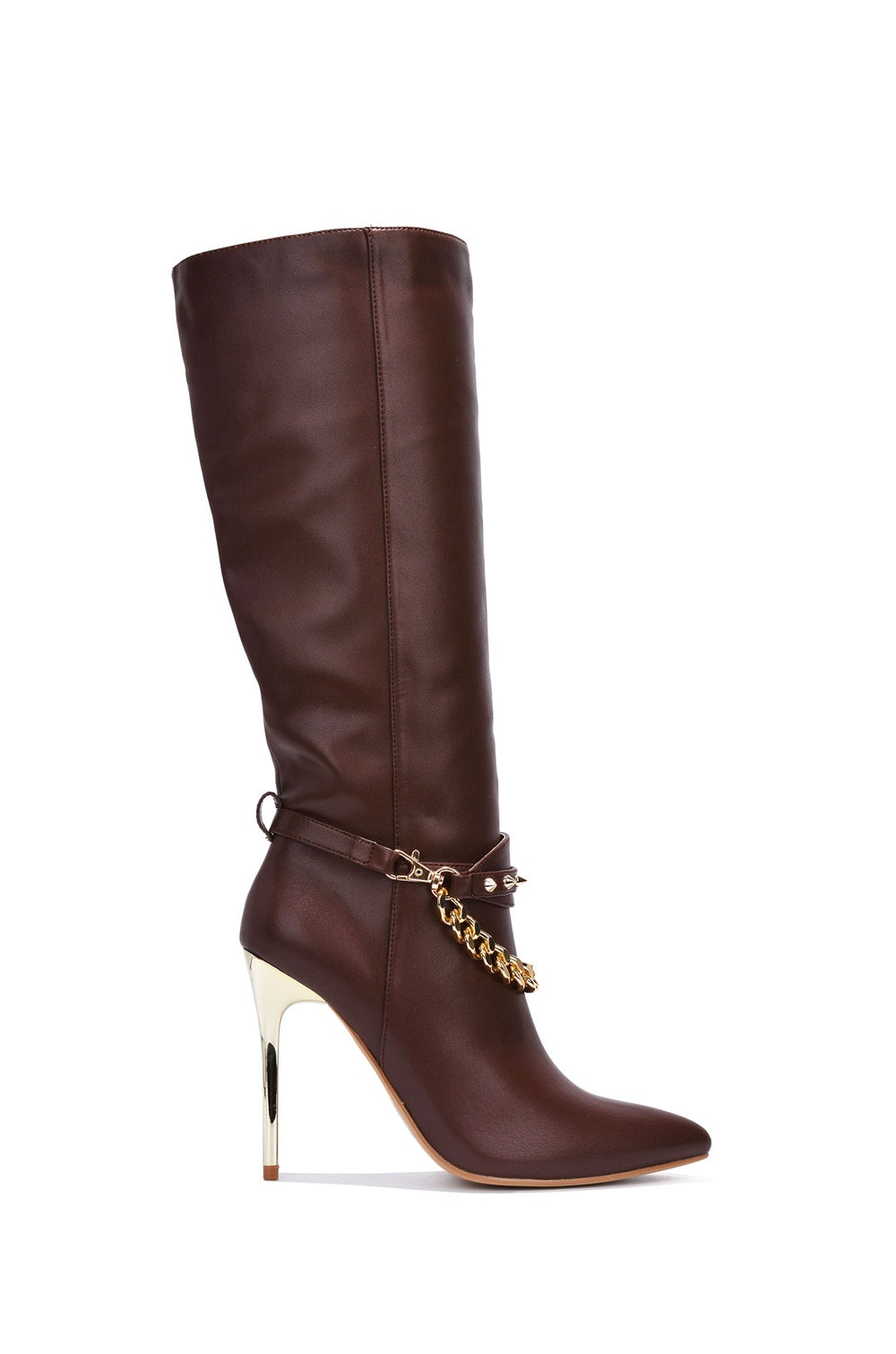 Cape Robbin Esa Spike Chain Pointy Toe Knee High Boots - Brown