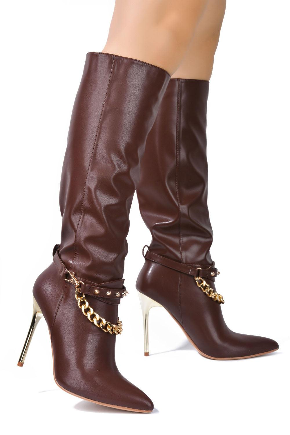 Cape Robbin Esa Spike Chain Pointy Toe Knee High Boots - Brown