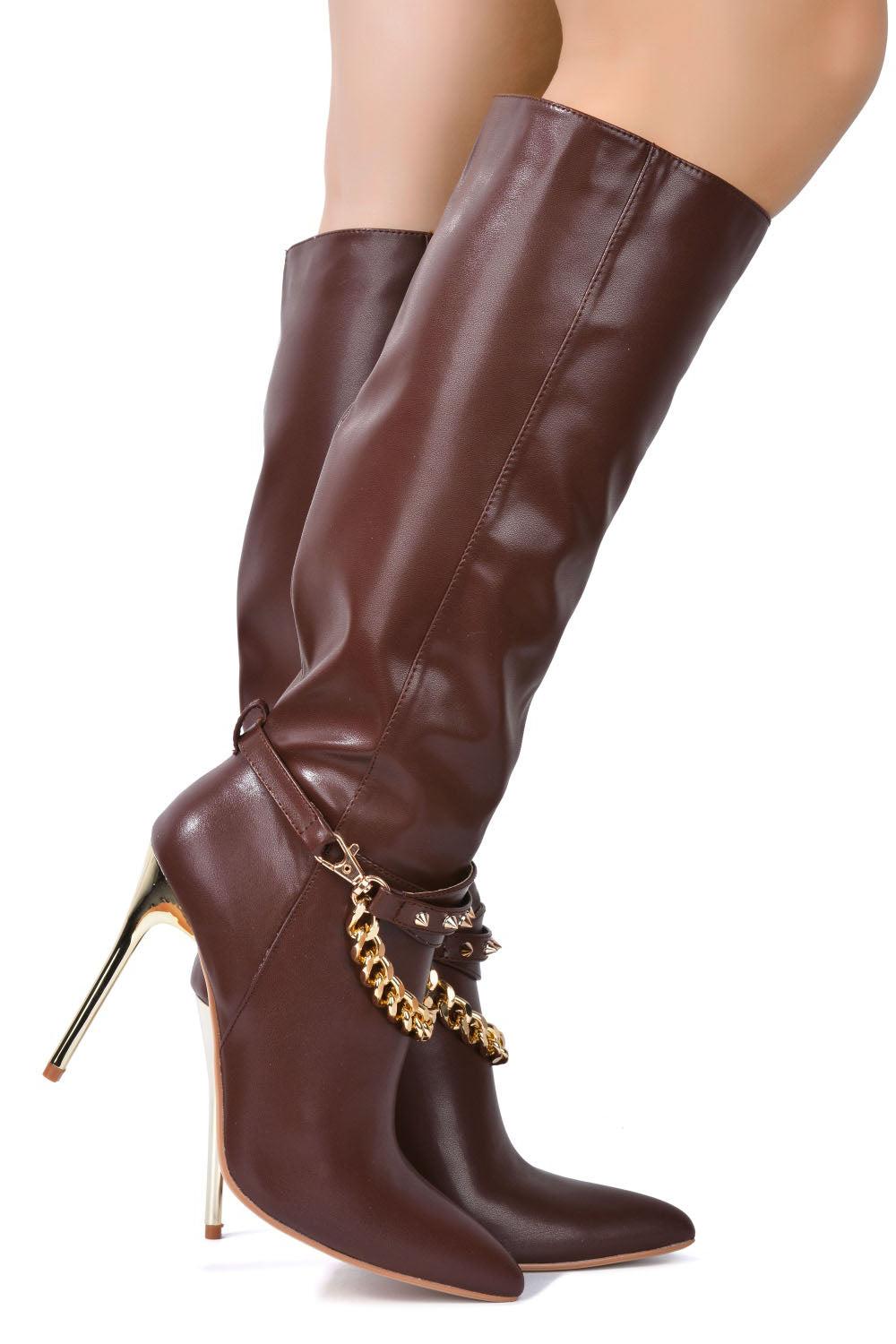 cape robbin Esa Spike Chain Pointy Toe Knee High Boots - Brown