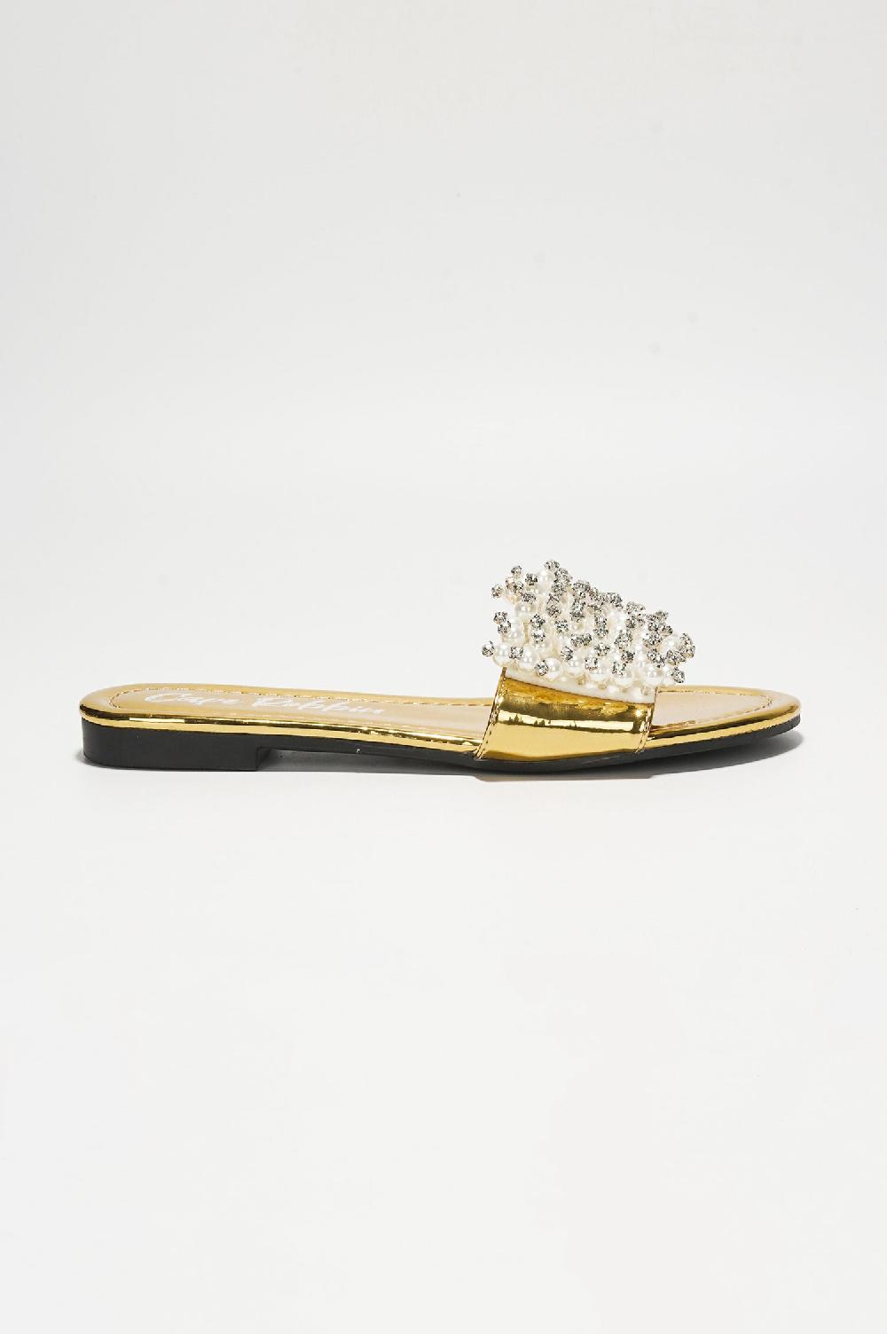 Cape Robbin Fara Glamorous Pearl Embellished Round Toe Slip On Sandals - Gold