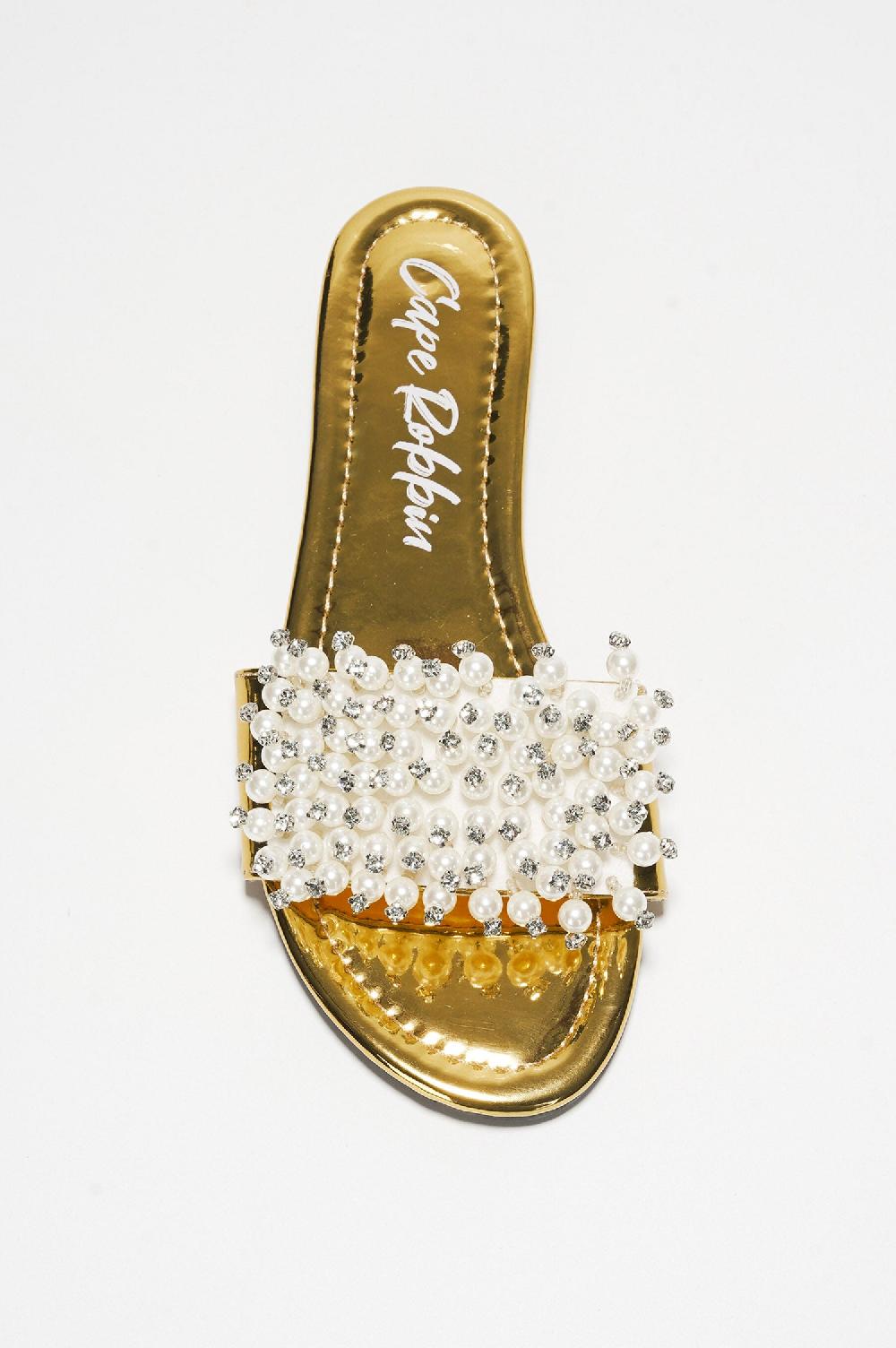 Cape Robbin Fara Glamorous Pearl Embellished Round Toe Slip On Sandals - Gold