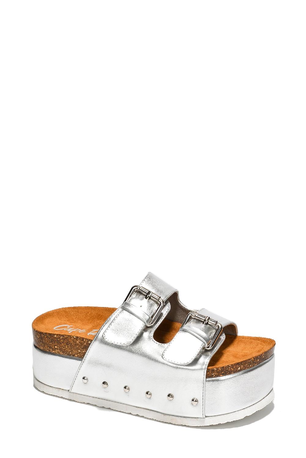 Cape Robbin Frannie Double Buckle Upper Platform Sandals - Silver