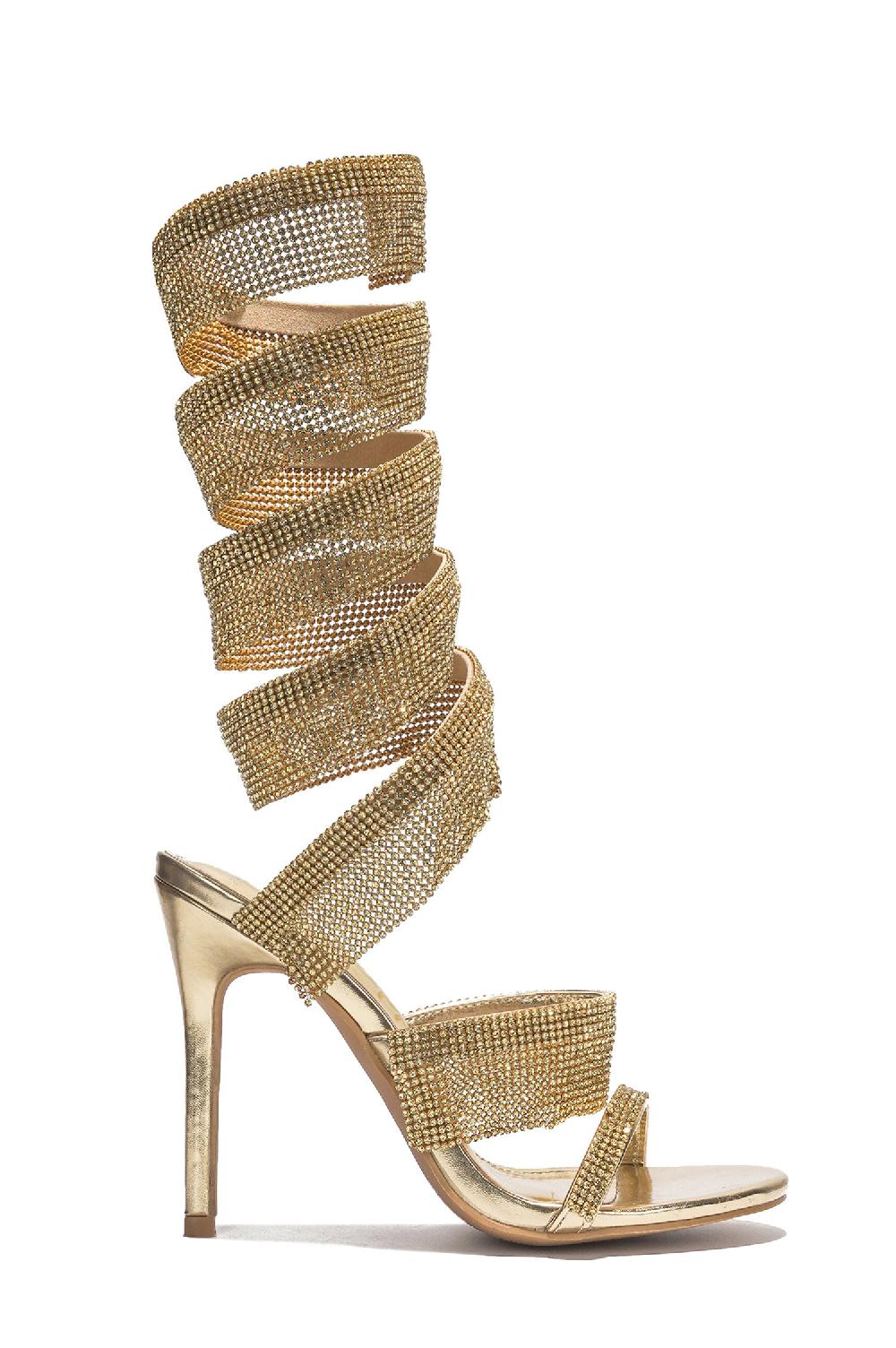 Cape Robbin Fred Thick Strap Rhinestone Lace-up Heels - Gold