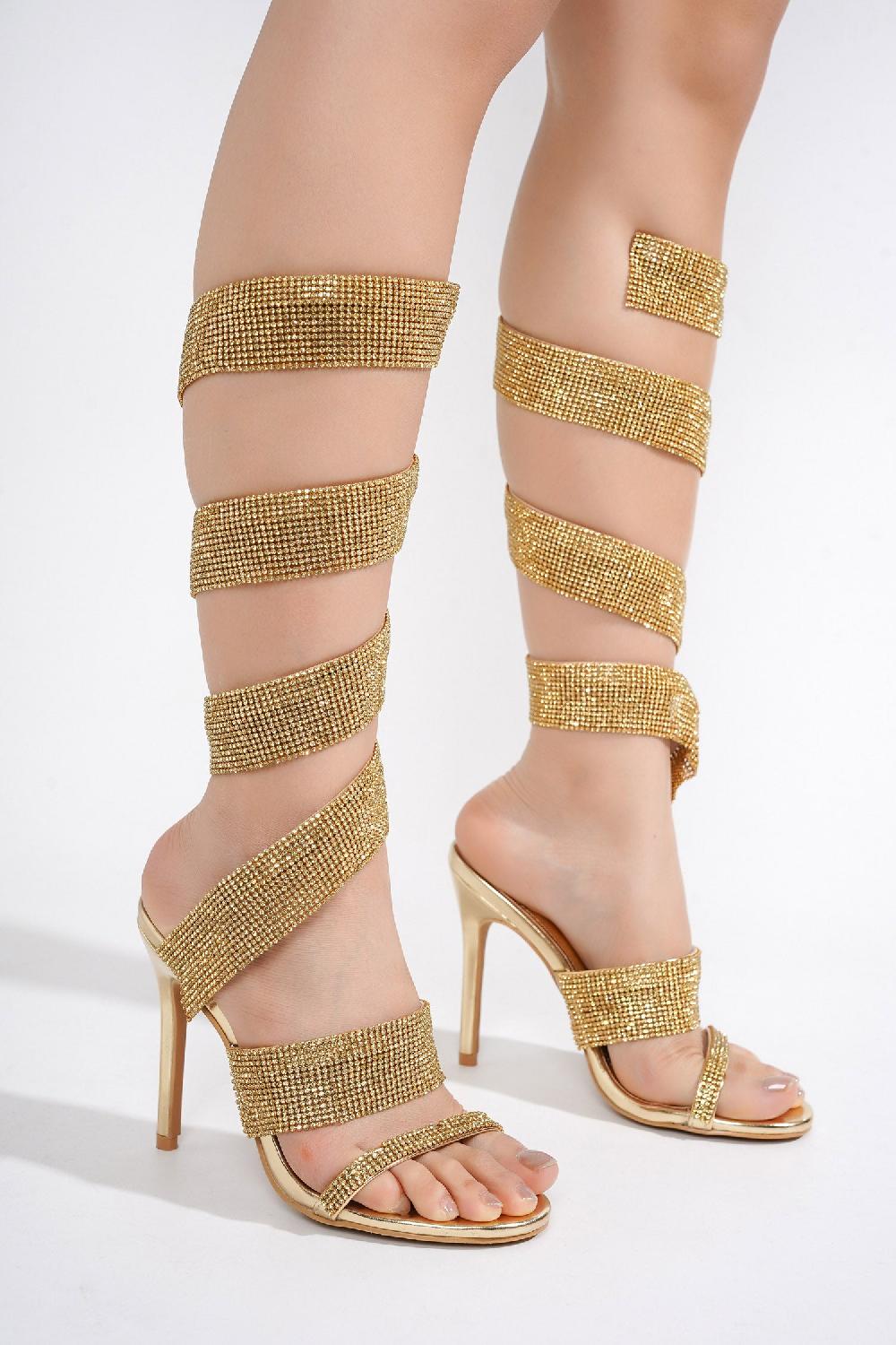 Cape Robbin Fred Thick Strap Rhinestone Lace-up Heels - Gold