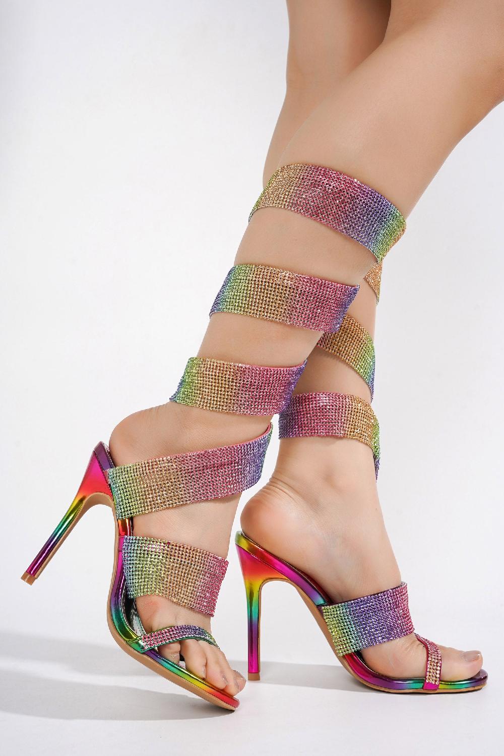 Cape Robbin Fred Thick Strap Rhinestone Lace-up Heels - Multi