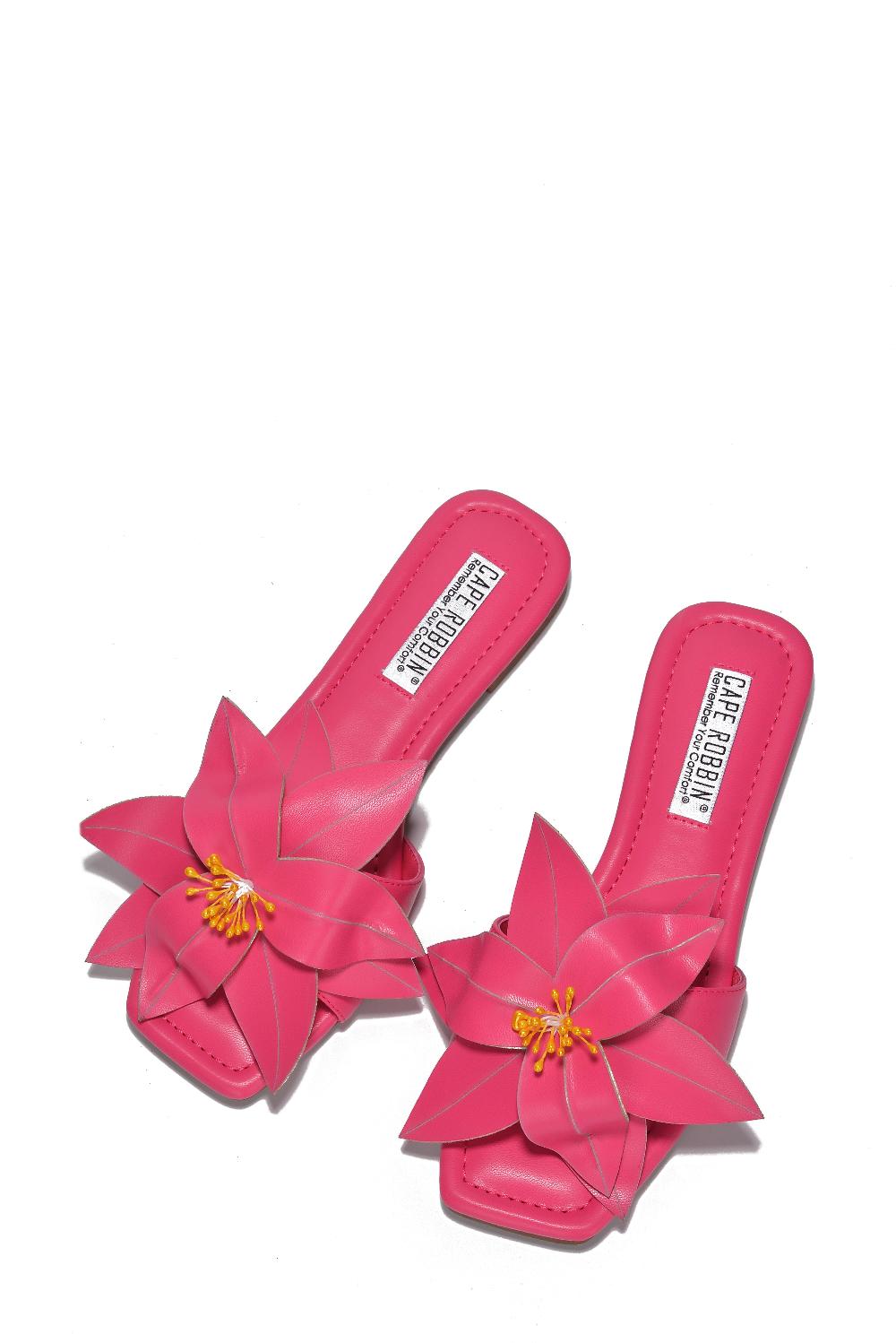 Cape Robbin Fully Flower Square Toe Flat Sandals - Fuchsia