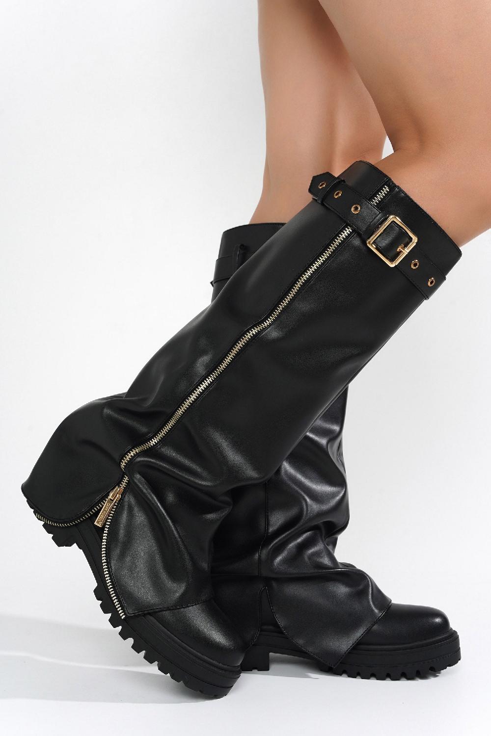Cape Robbin Funafuti Platform Fold-Over Knee High Boots - Black