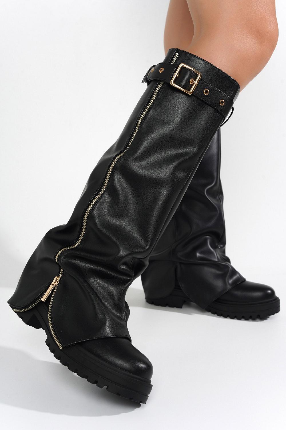 Cape Robbin Funafuti Platform Fold-Over Knee High Boots - Black