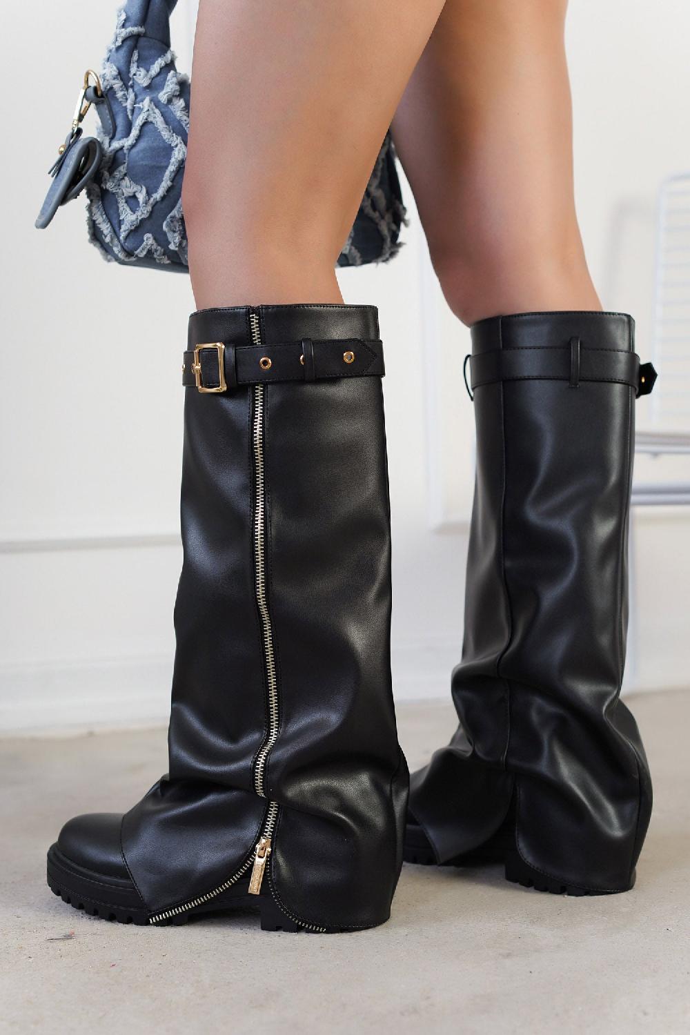 cape robbin Funafuti Platform Fold-Over Knee High Boots - Black