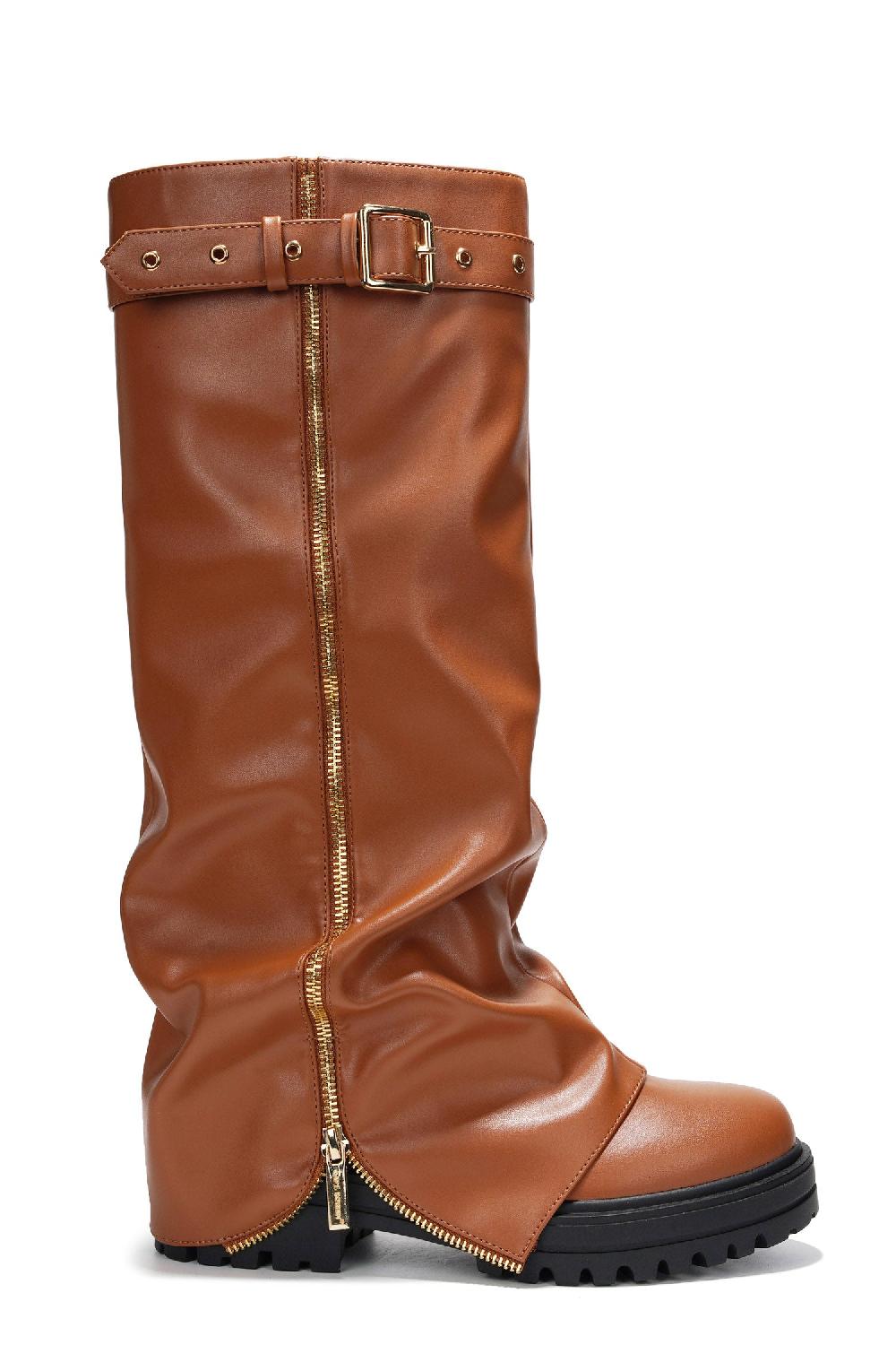 Cape Robbin Funafuti Platform Fold-Over Knee High Boots - Tan