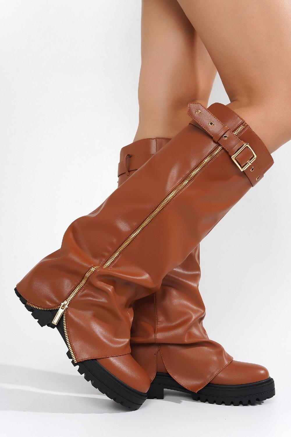 Cape Robbin Funafuti Platform Fold-Over Knee High Boots - Tan