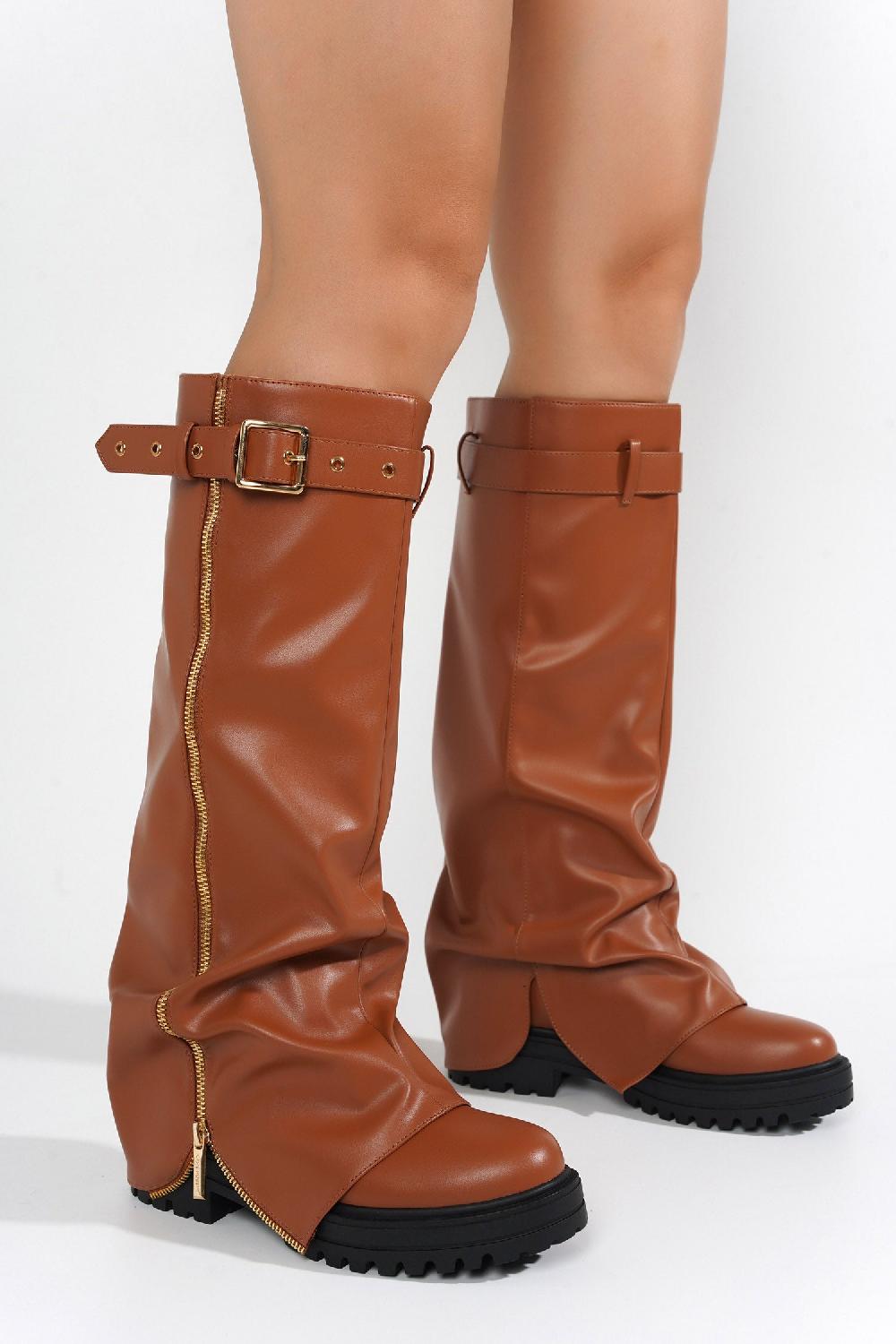 Cape Robbin Funafuti Platform Fold-Over Knee High Boots - Tan