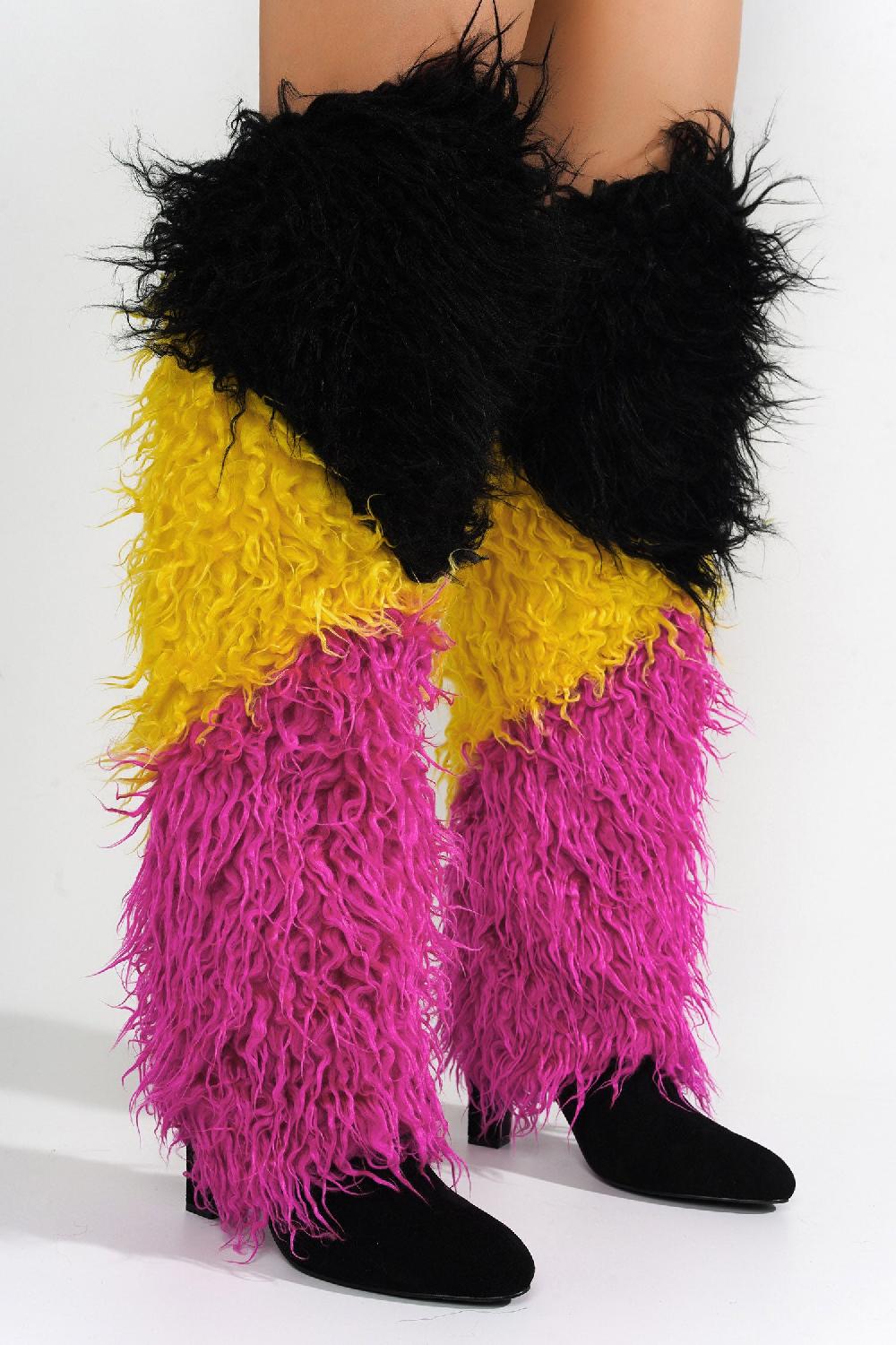 Cape Robbin Furifuri Block Heel Fur Suede Knee-High Boots - Multi