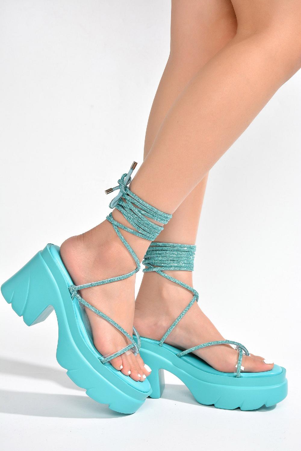 Cape Robbin Gilian Strappy Rhinestone Rope Block Heels - Blue