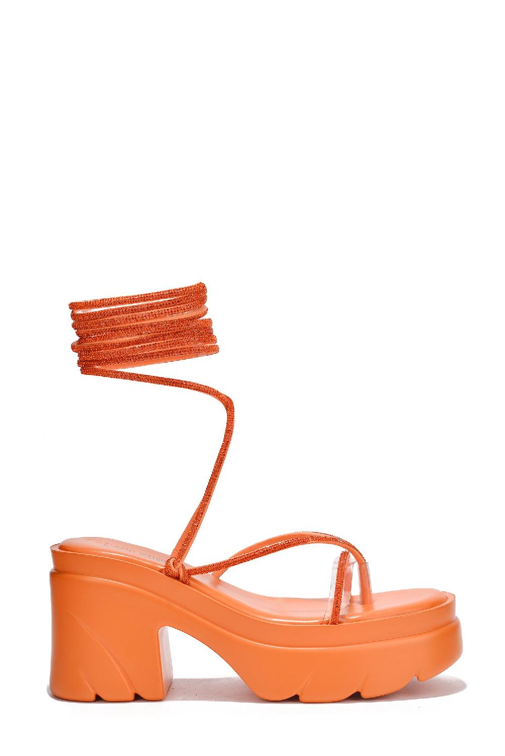 Cape Robbin Gilian Strappy Rhinestone Rope Block Heels - Orange