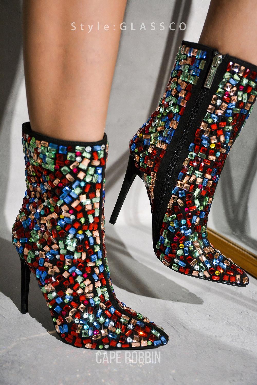 cape robbin Glassco Rhinestone-Coated Suede Booties - Multi