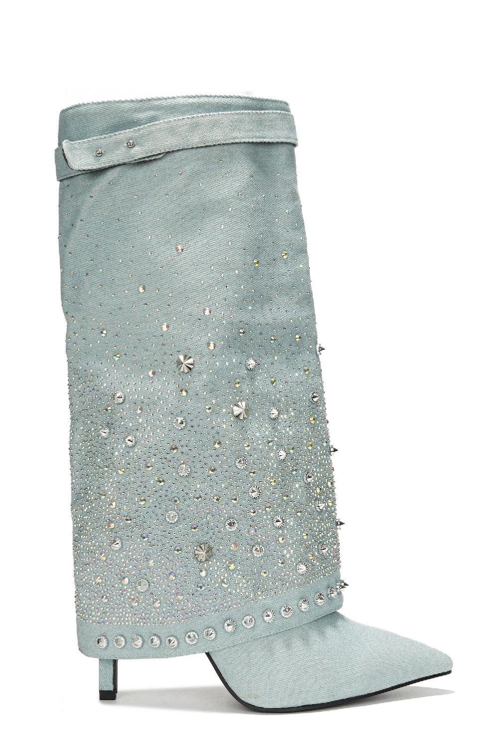 Cape Robbin Guman Fold-Over Rhinestone High Heel Boots - Silver