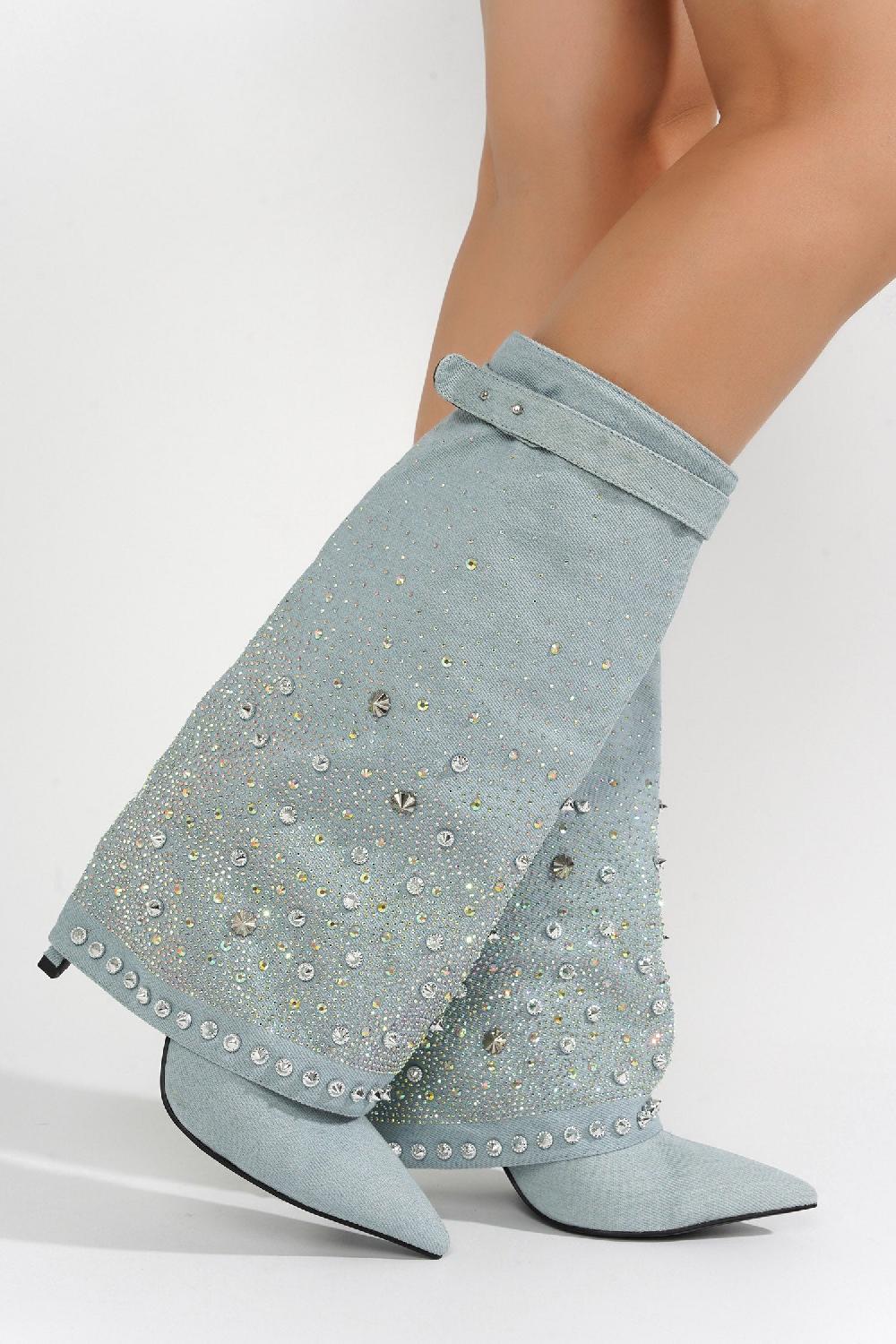 Cape Robbin Guman Fold-Over Rhinestone High Heel Boots - Silver