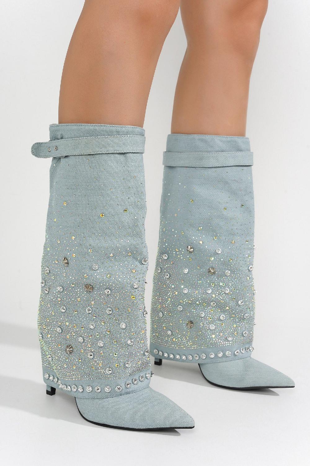 Cape Robbin Guman Fold-Over Rhinestone High Heel Boots - Silver