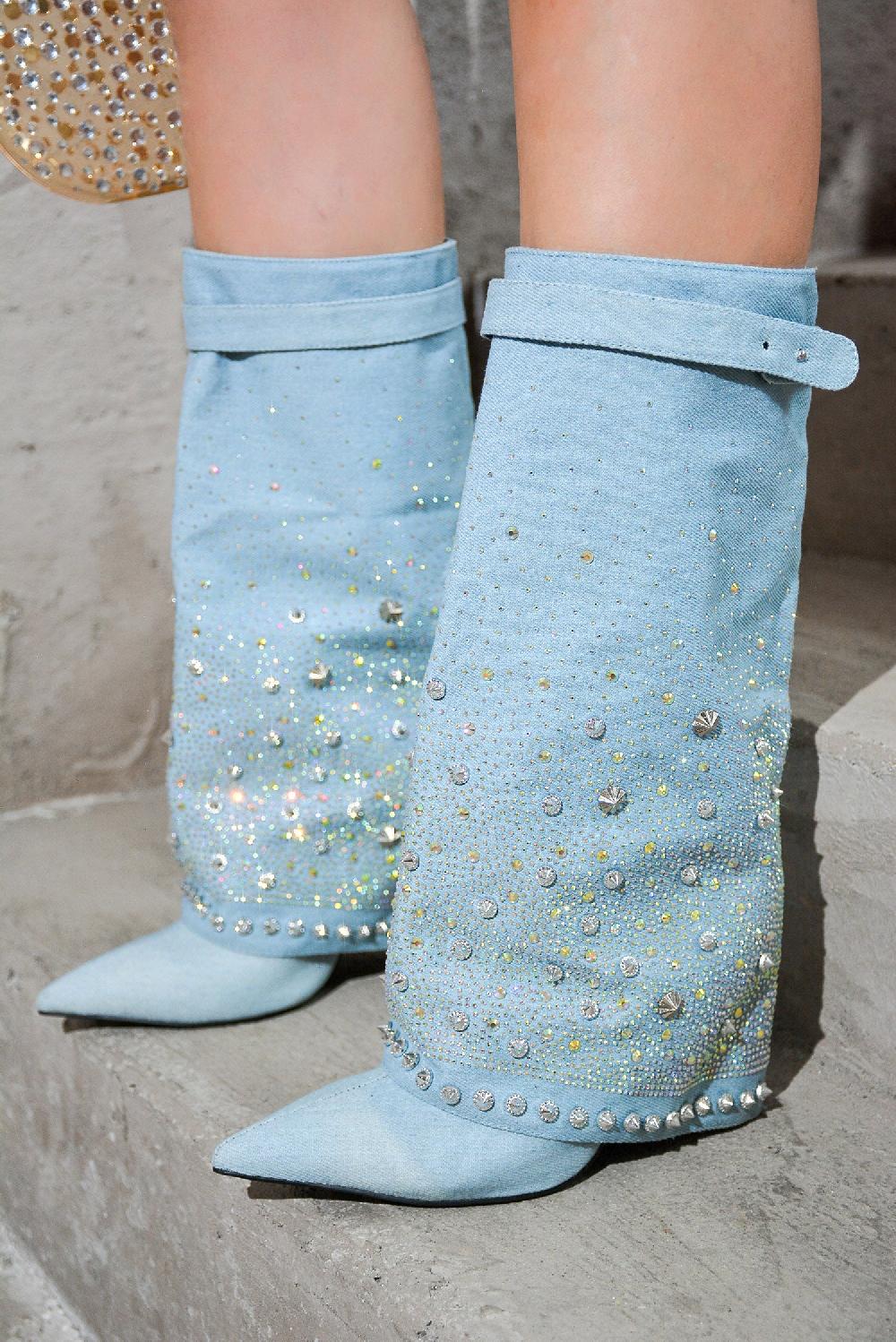 cape robbin Guman Fold-Over Rhinestone High Heel Boots - Silver