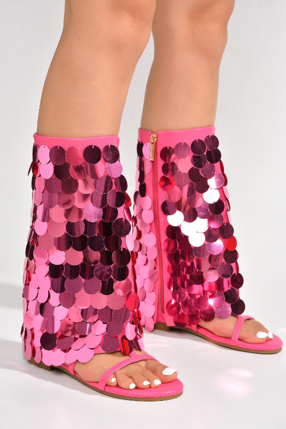 Cape Robbin Hamona Big Sequins Fold Over Flat Sandals - Pink