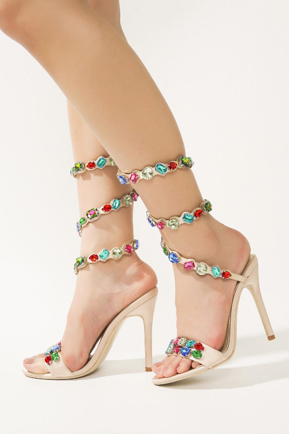 Cape Robbin Helia Gem-Trimmed Wrap-Around High Heels - Champagne