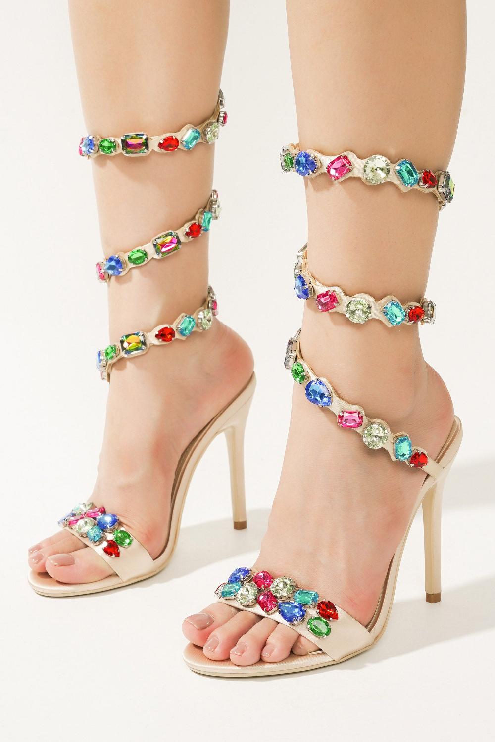 Cape Robbin Helia Gem-Trimmed Wrap-Around High Heels - Champagne