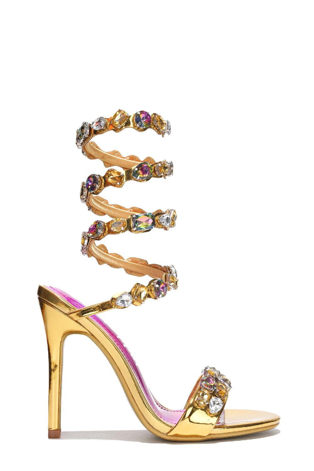 Cape Robbin Helia Gem-Trimmed Wrap-Around High Heels - Gold