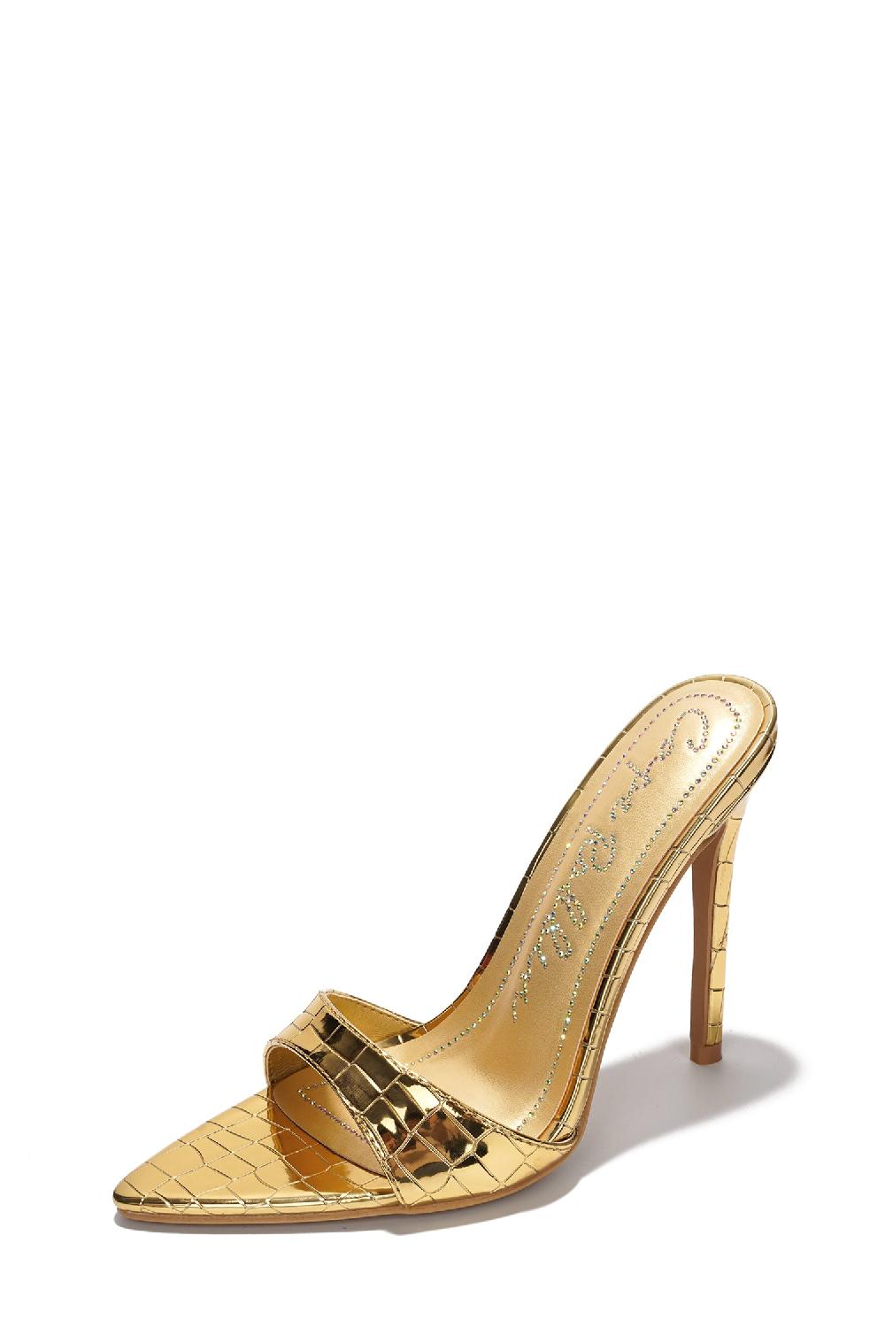 Cape Robbin Holly Croc Print Stiletto Heel Mules - Gold