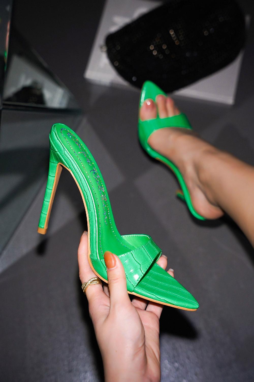 cape robbin Holly Croc Print Stiletto Heel Mules - Green