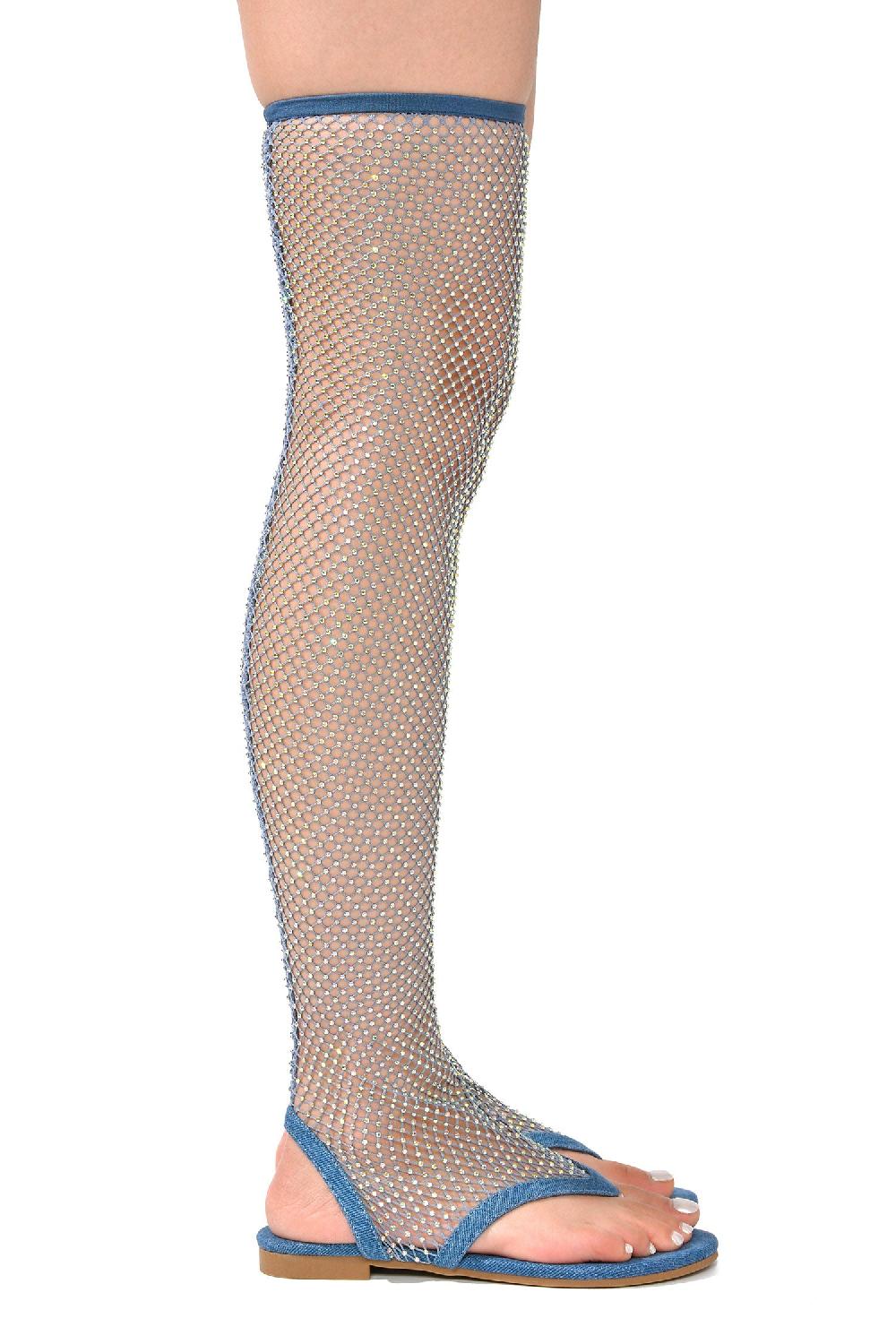 Cape Robbin Hude Rhinestone Mesh Thigh High Flat Sandals - Denim