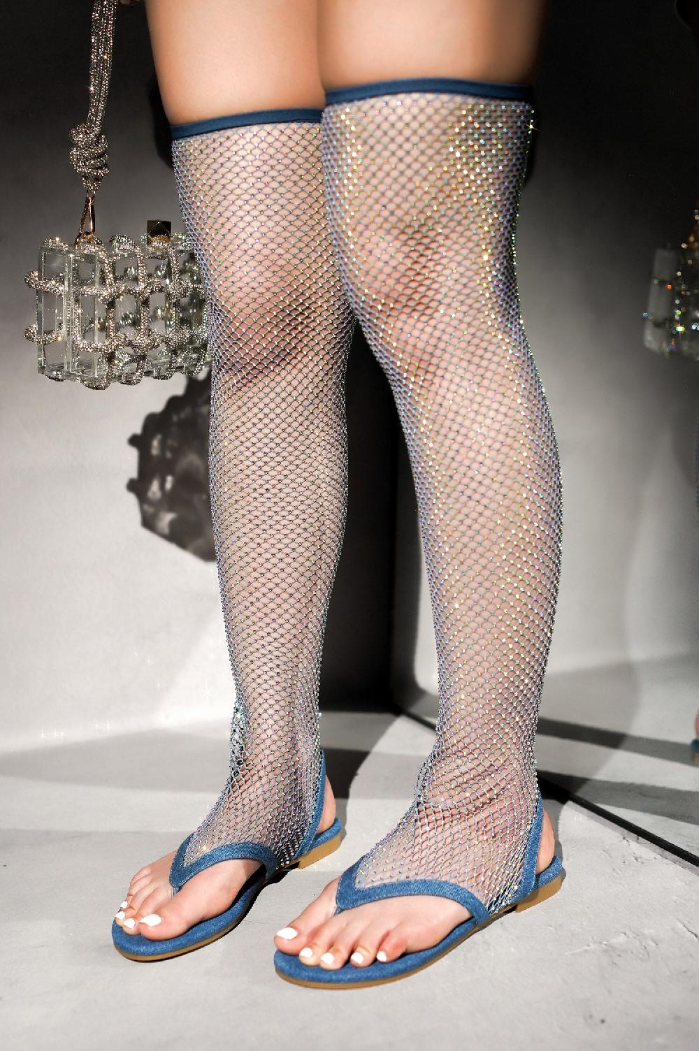 cape robbin Hude Rhinestone Mesh Thigh High Flat Sandals - Denim