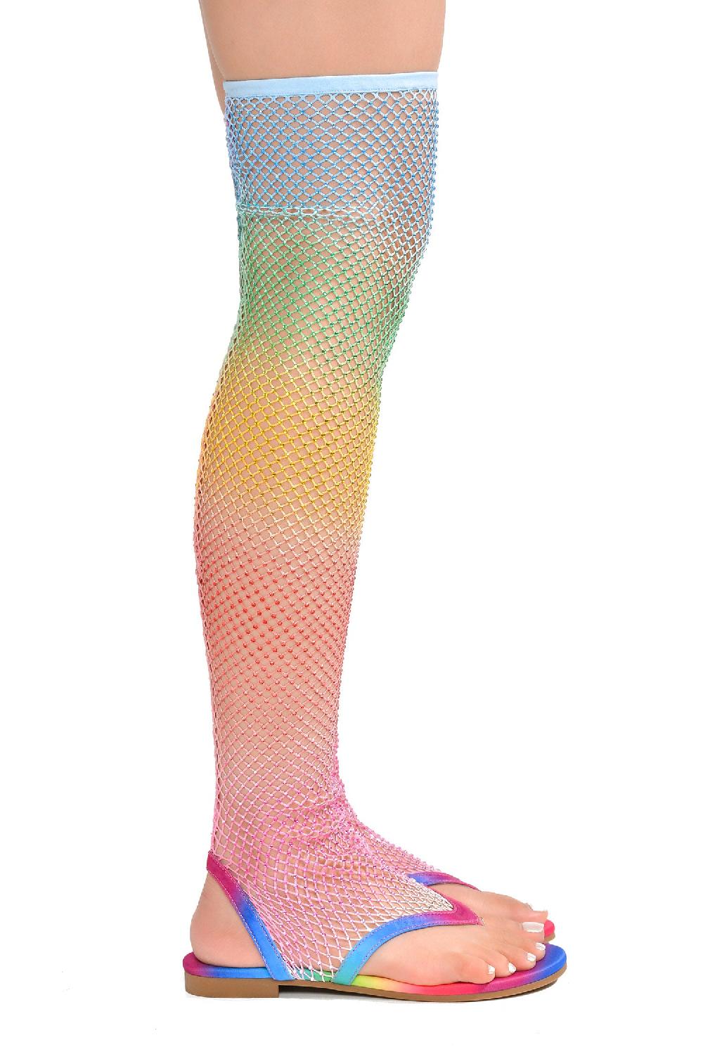 Cape Robbin Hude Rhinestone Mesh Thigh High Flat Sandals - Multi