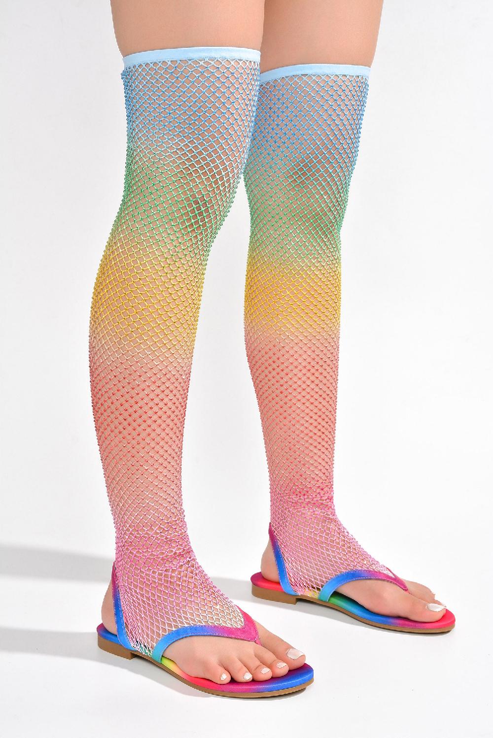 Cape Robbin Hude Rhinestone Mesh Thigh High Flat Sandals - Multi