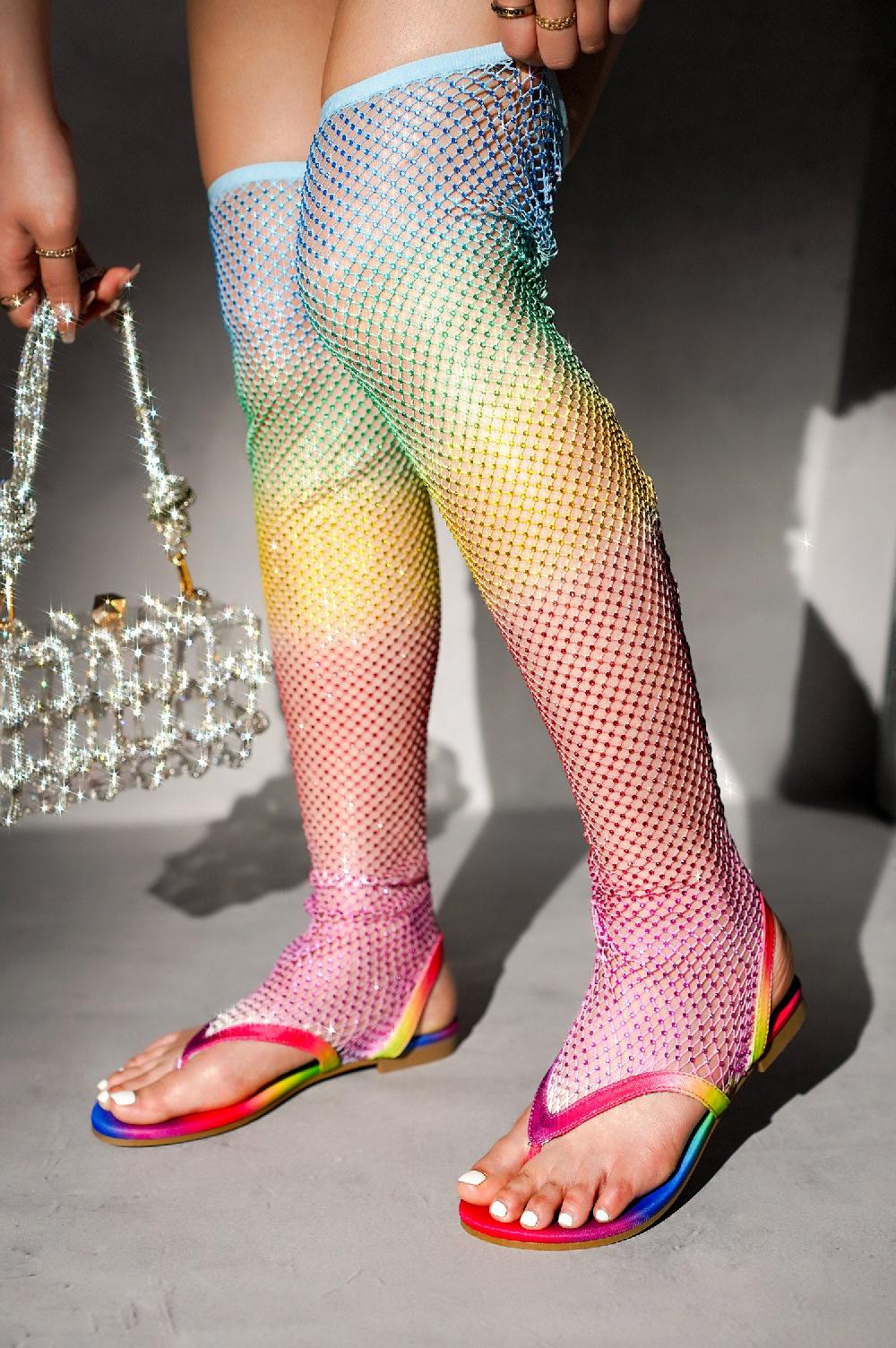 cape robbin Hude Rhinestone Mesh Thigh High Flat Sandals - Multi