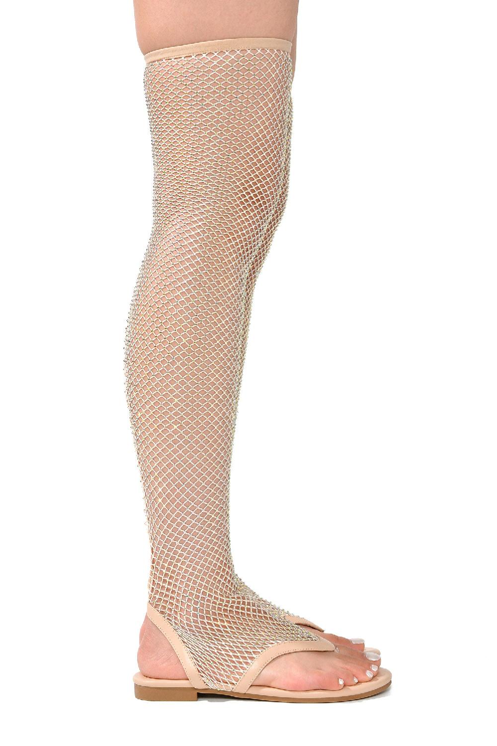 Cape Robbin Hude Rhinestone Mesh Thigh High Flat Sandals - Nude