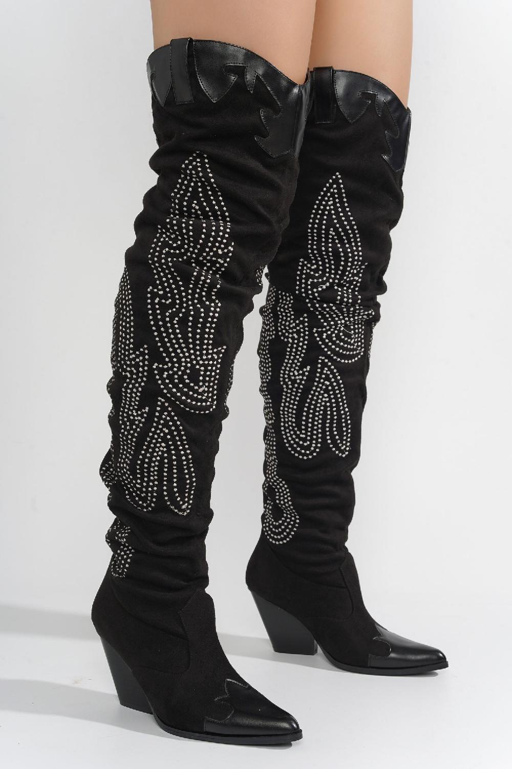 Cape Robbin Icona Embroidery Thigh-High Cowboy Boots - Black