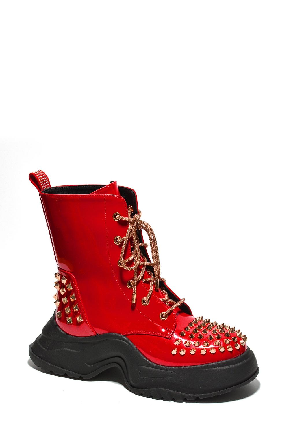 Cape Robbin Jadey Spike Studs Rhinestone Chunky Lug Boots - Red