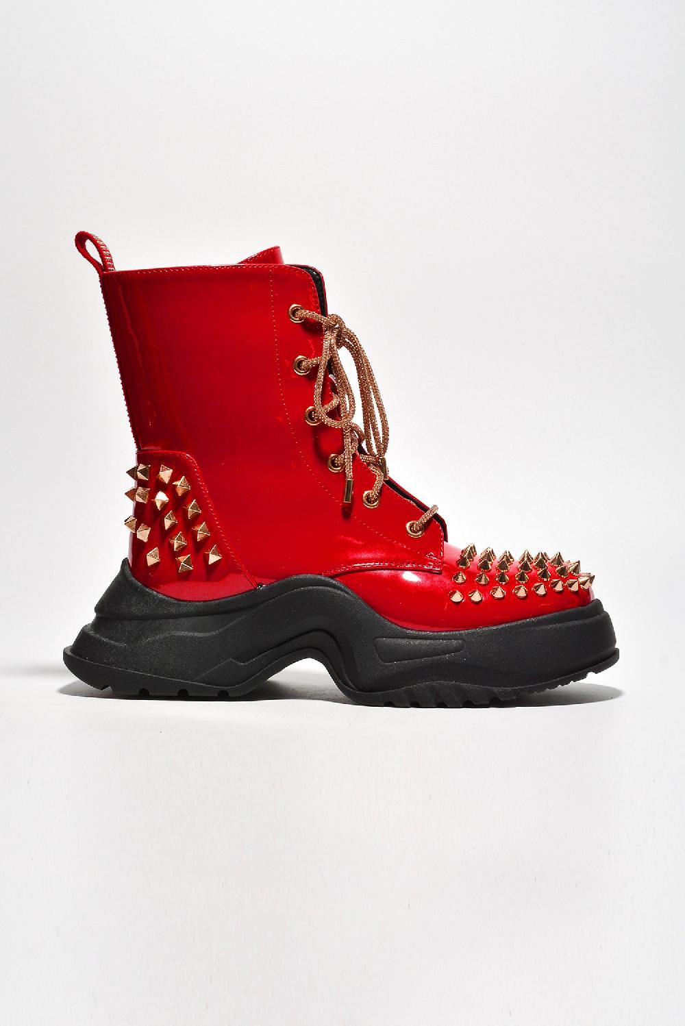 Cape Robbin Jadey Spike Studs Rhinestone Chunky Lug Boots - Red
