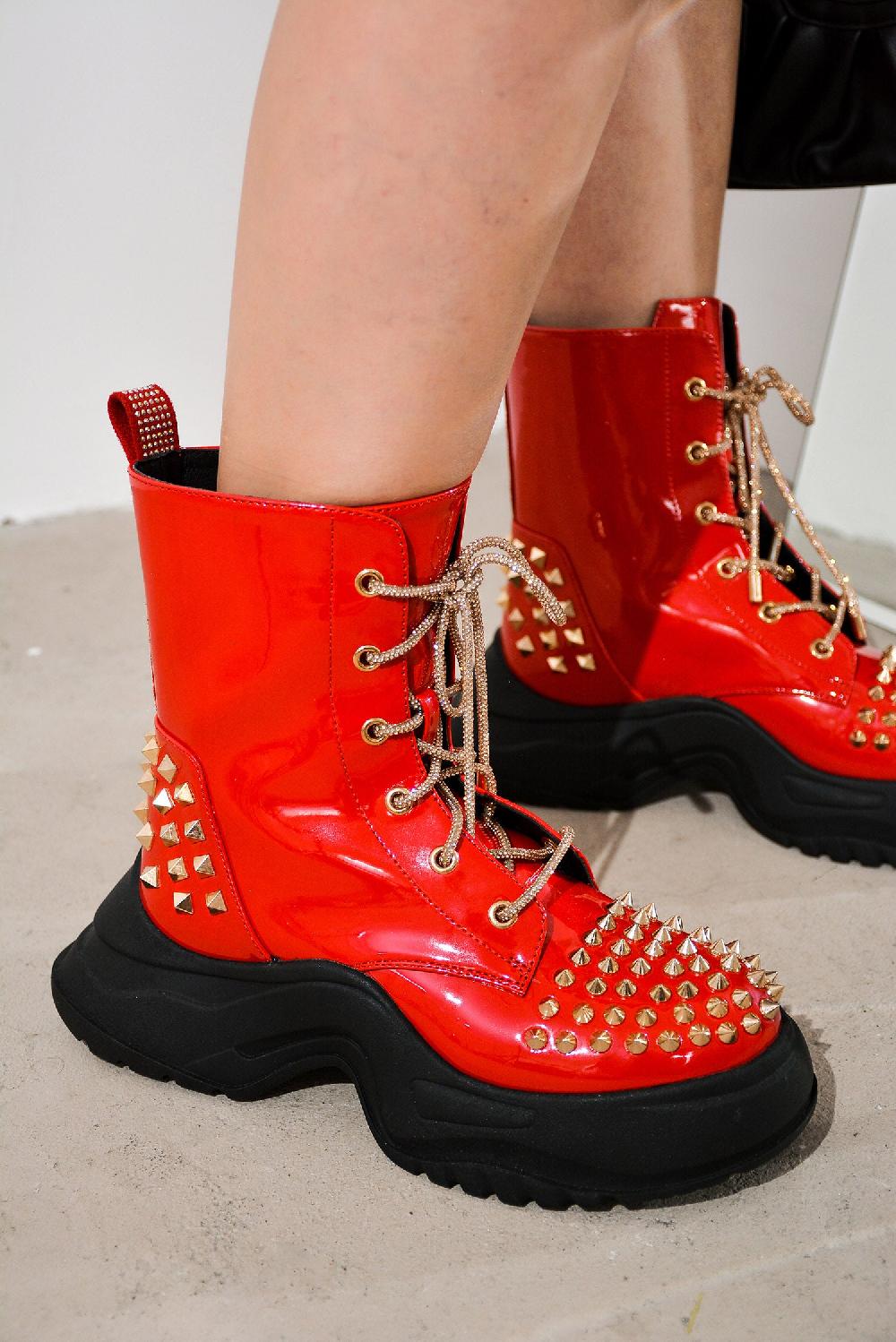 cape robbin Jadey Spike Studs Rhinestone Chunky Lug Boots - Red