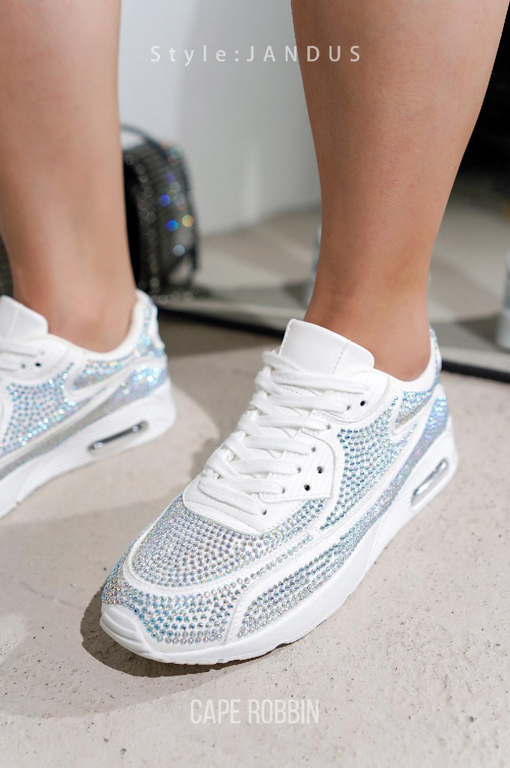 cape robbin Jandus Rhinestone Lace Up Low Cut Sneakers - White