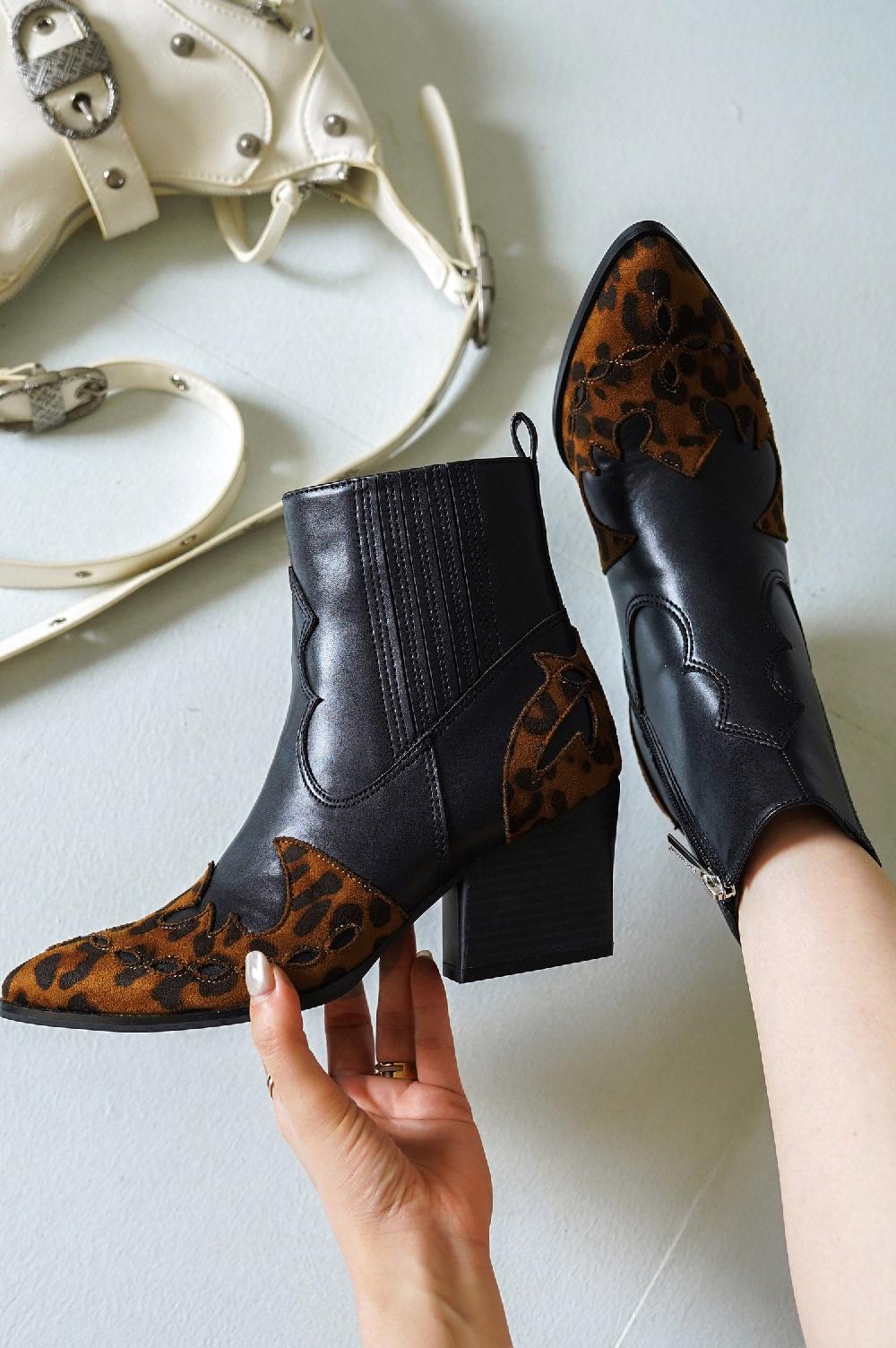 cape robbin Janesa Animal Print Western Ankle Boots - Black