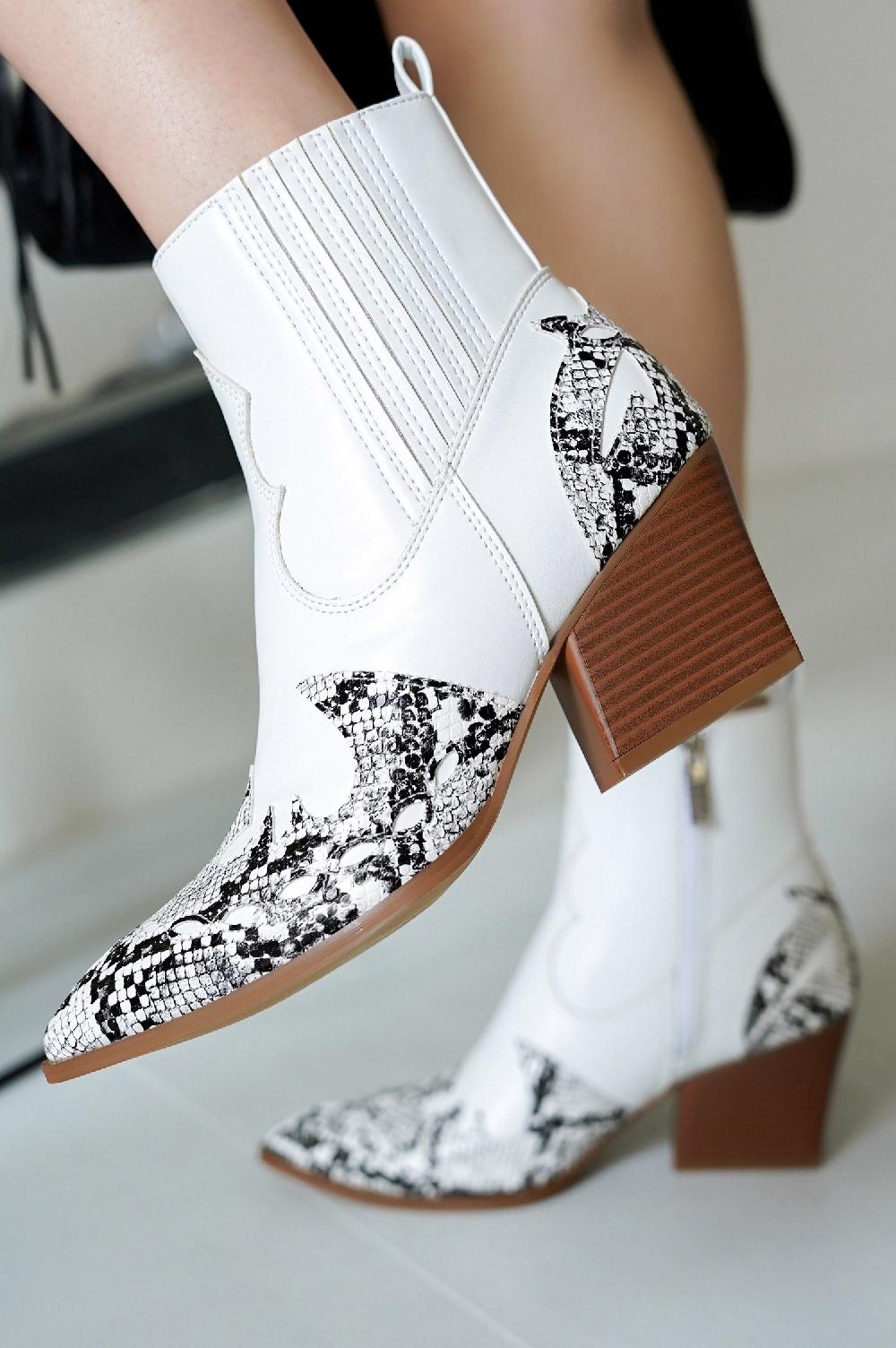 cape robbin Janesa Animal Print Western Ankle Boots - White