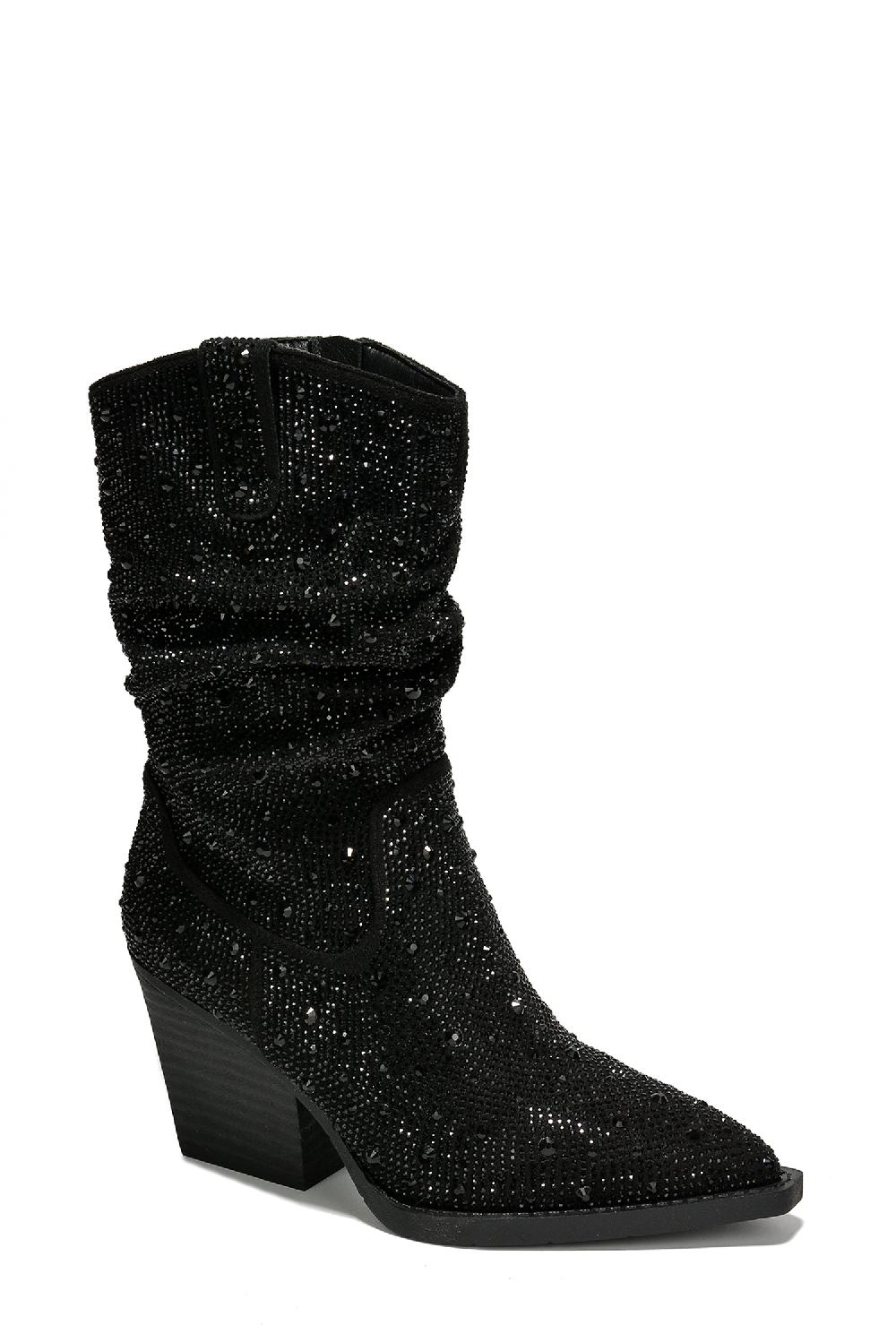 Cape Robbin Jehanna Rhinestone Side Zipper Pointed Toe Slouch Booties - Black