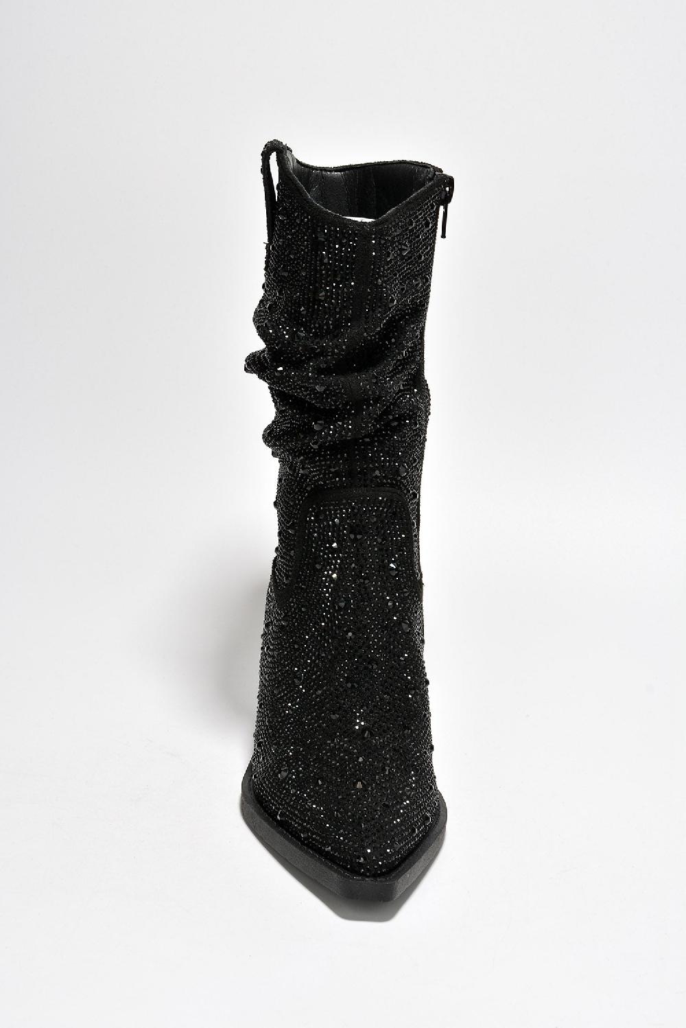 Cape Robbin Jehanna Rhinestone Side Zipper Pointed Toe Slouch Booties - Black