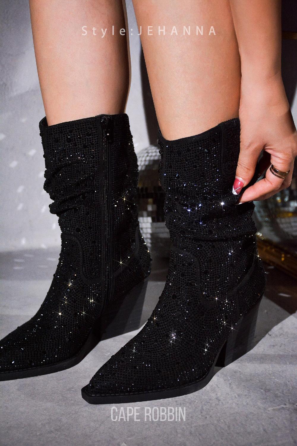 cape robbin Jehanna Rhinestone Side Zipper Pointed Toe Slouch Booties - Black